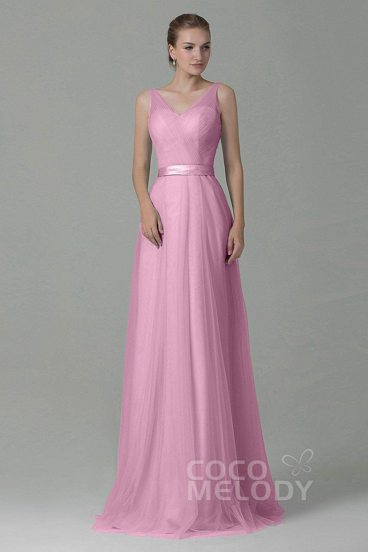Sheath-Column Floor Length Tulle Bridesmaid Dress COZF1500F - COCOMELODY