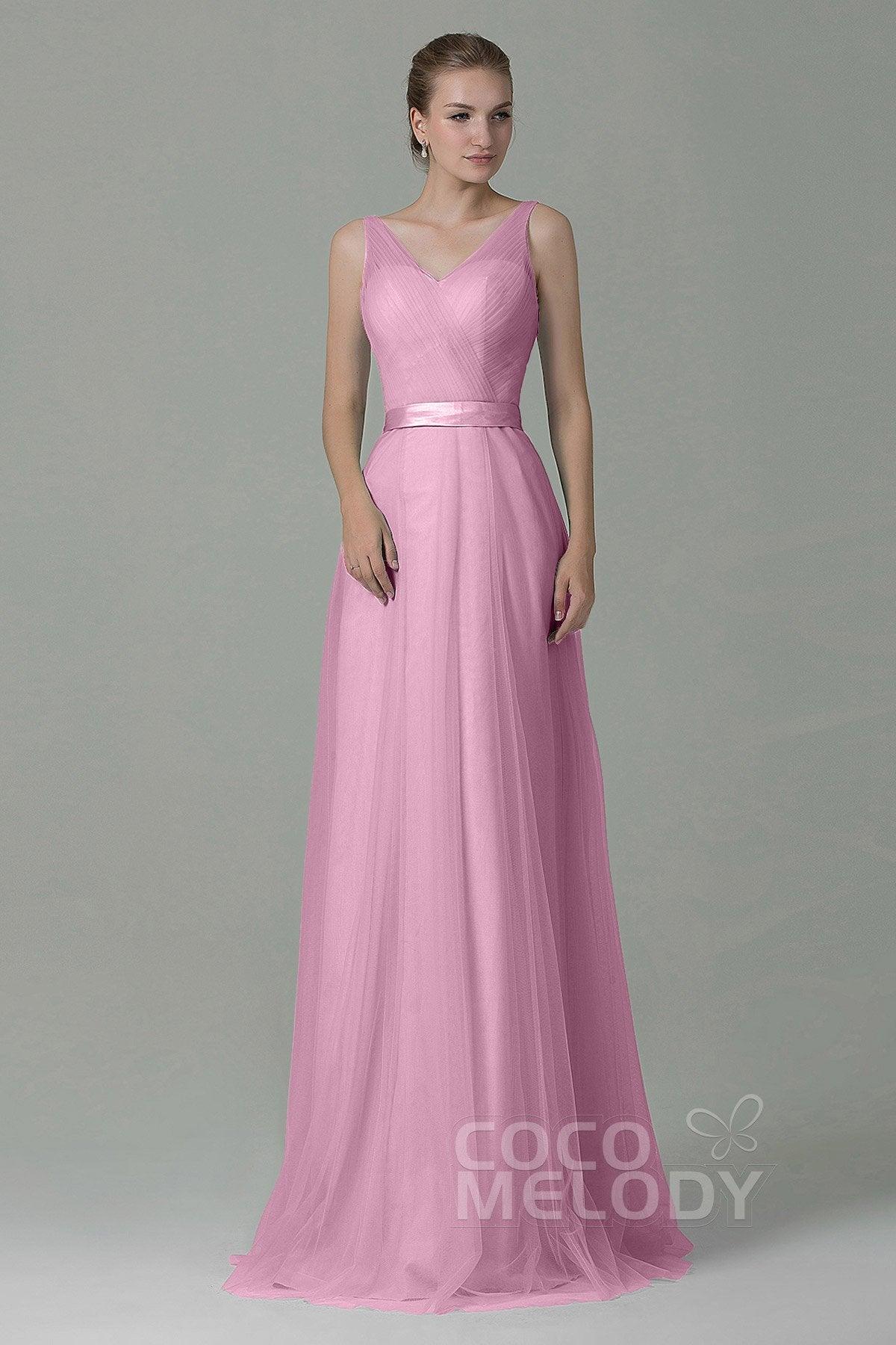 Sheath-Column Floor Length Tulle Bridesmaid Dress COZF1500F - COCOMELODY