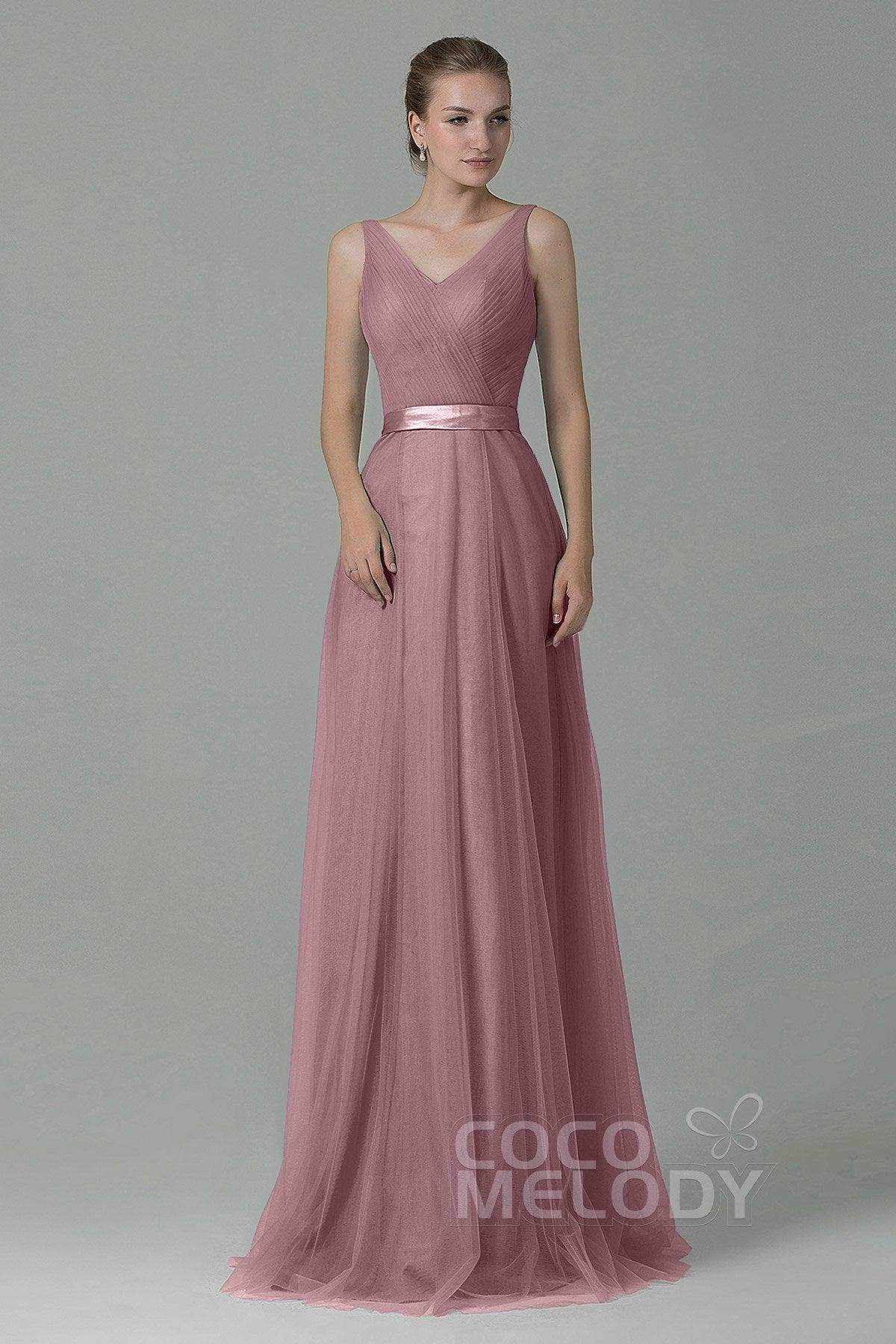 Sheath-Column Floor Length Tulle Bridesmaid Dress COZF1500F - COCOMELODY