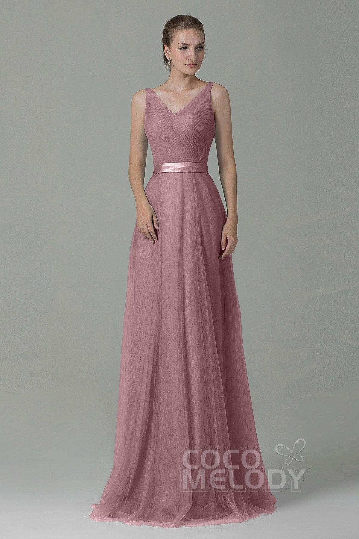 Sheath-Column Floor Length Tulle Bridesmaid Dress COZF1500F - COCOMELODY