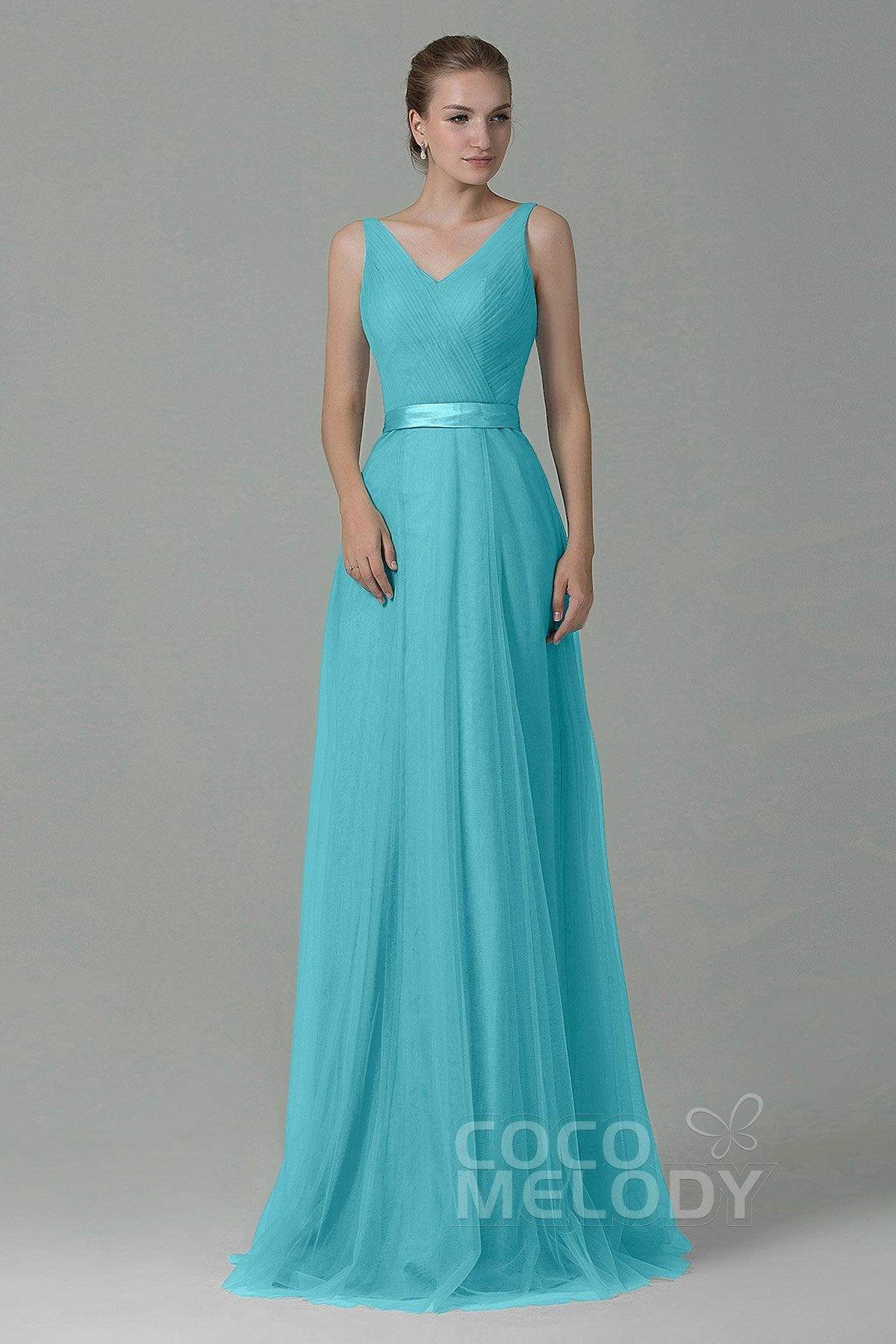 Sheath-Column Floor Length Tulle Bridesmaid Dress COZF1500F - COCOMELODY