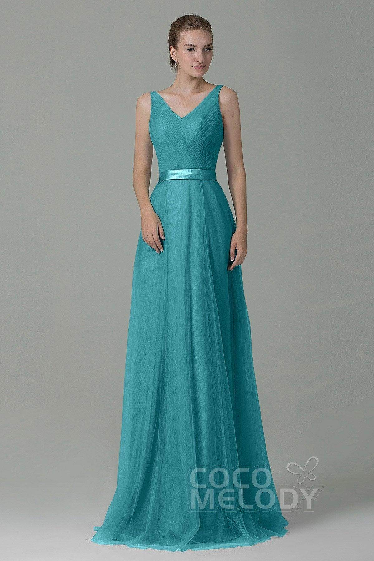 Sheath-Column Floor Length Tulle Bridesmaid Dress COZF1500F - COCOMELODY