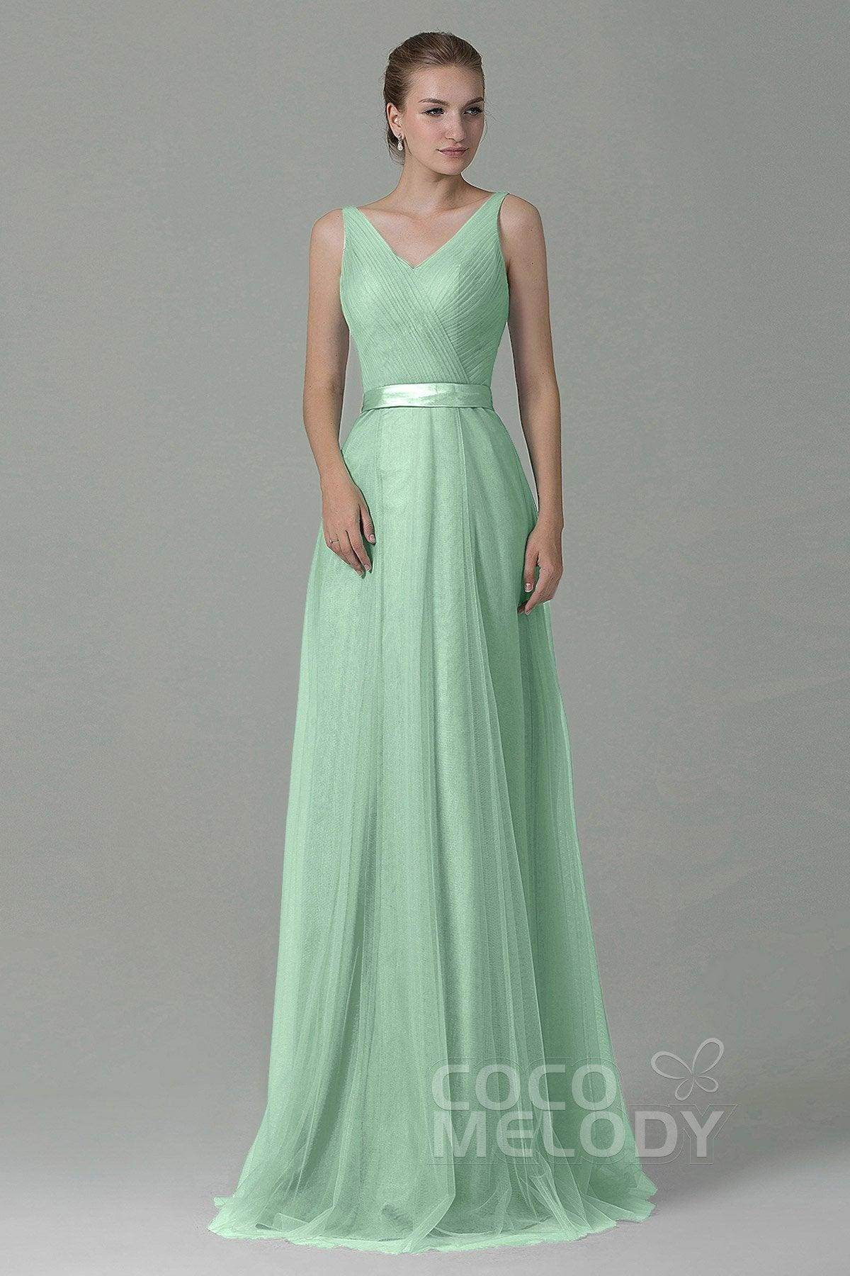 Sheath-Column Floor Length Tulle Bridesmaid Dress COZF1500F - COCOMELODY