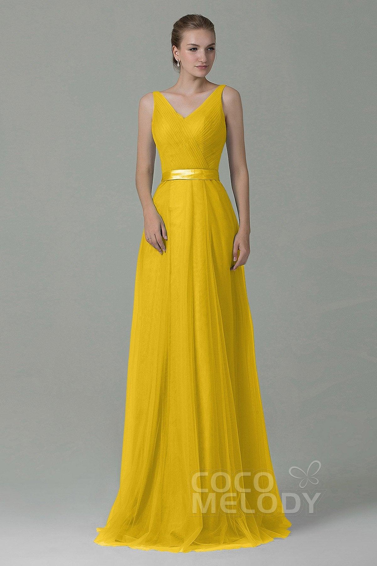 Sheath-Column Floor Length Tulle Bridesmaid Dress COZF1500F - COCOMELODY