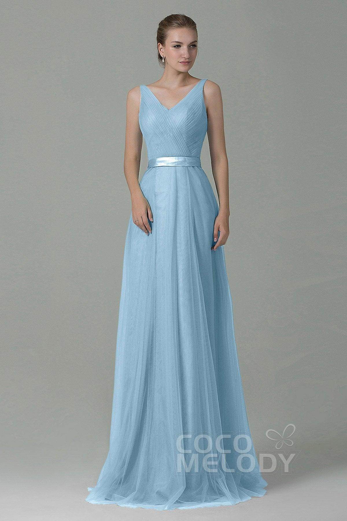 Sheath-Column Floor Length Tulle Bridesmaid Dress COZF1500F - COCOMELODY