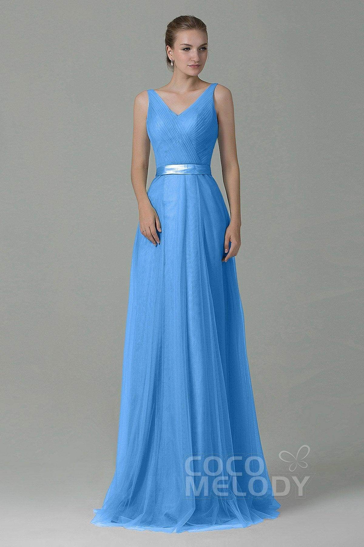 Sheath-Column Floor Length Tulle Bridesmaid Dress COZF1500F - COCOMELODY