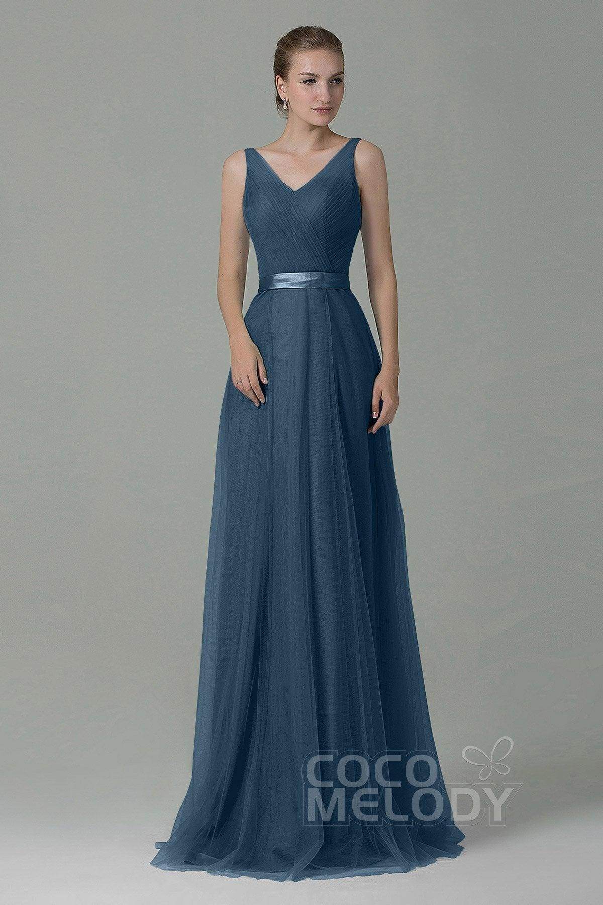 Sheath-Column Floor Length Tulle Bridesmaid Dress COZF1500F - COCOMELODY