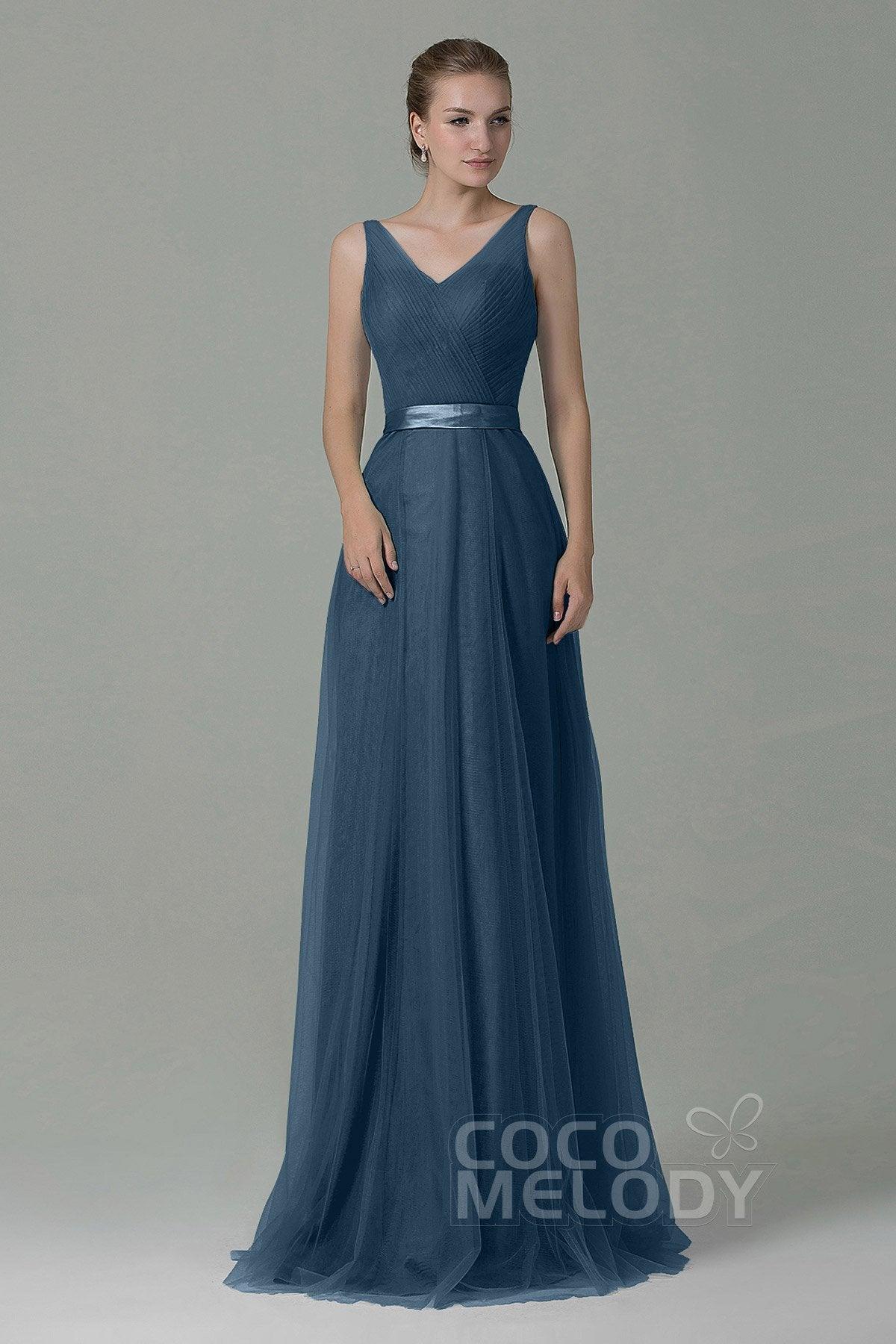 Sheath-Column Floor Length Tulle Bridesmaid Dress COZF1500F - COCOMELODY