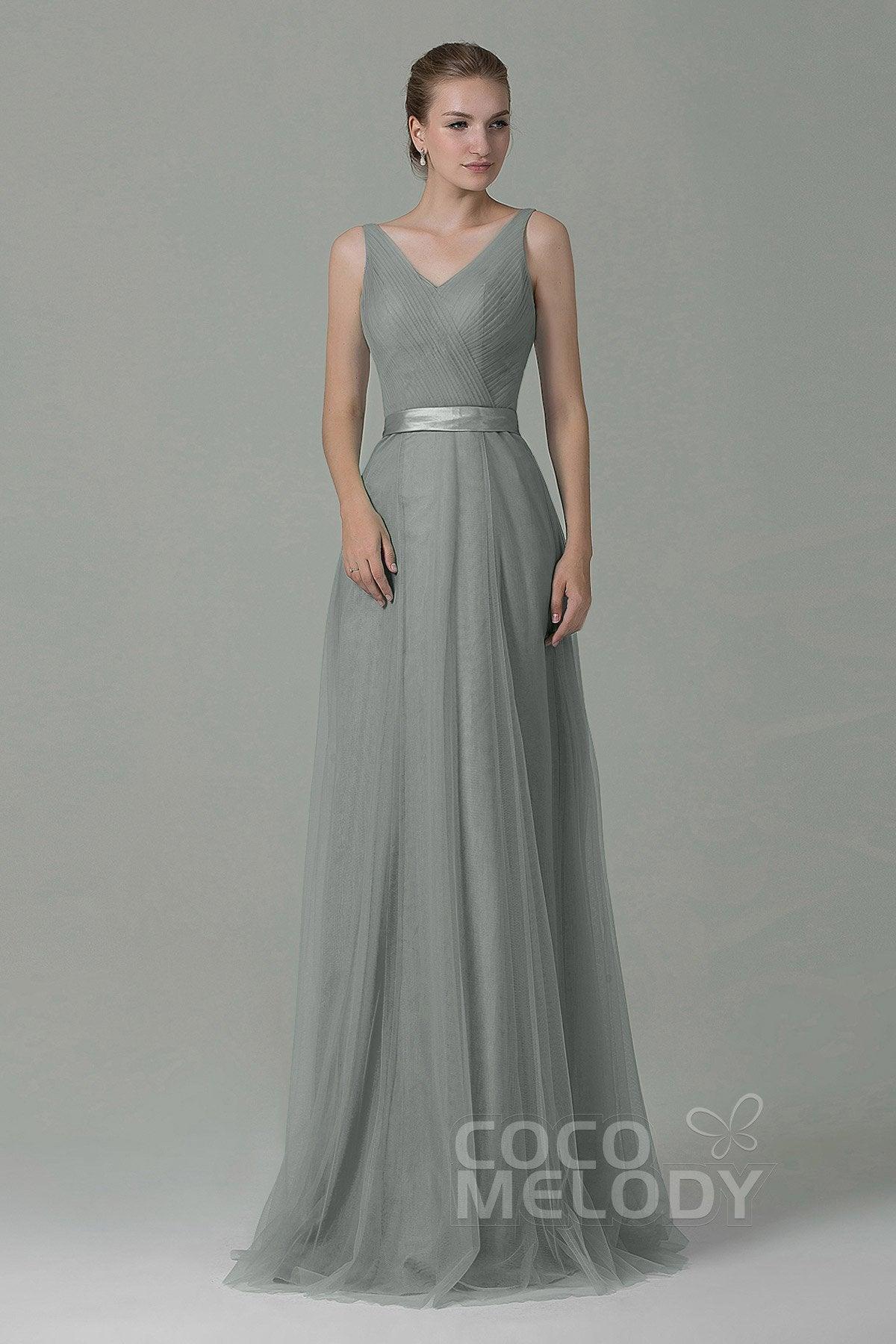 Sheath-Column Floor Length Tulle Bridesmaid Dress COZF1500F - COCOMELODY