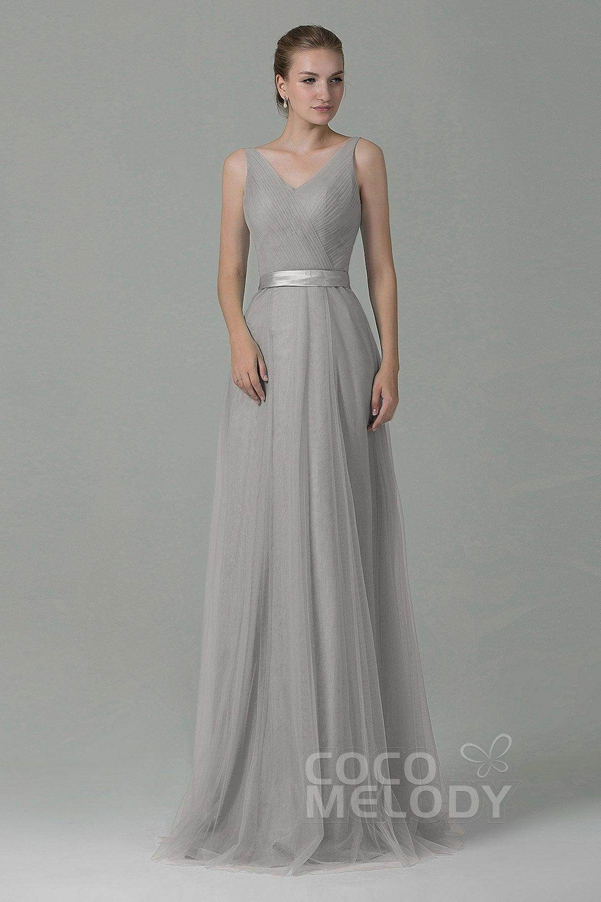 Sheath-Column Floor Length Tulle Bridesmaid Dress COZF1500F - COCOMELODY
