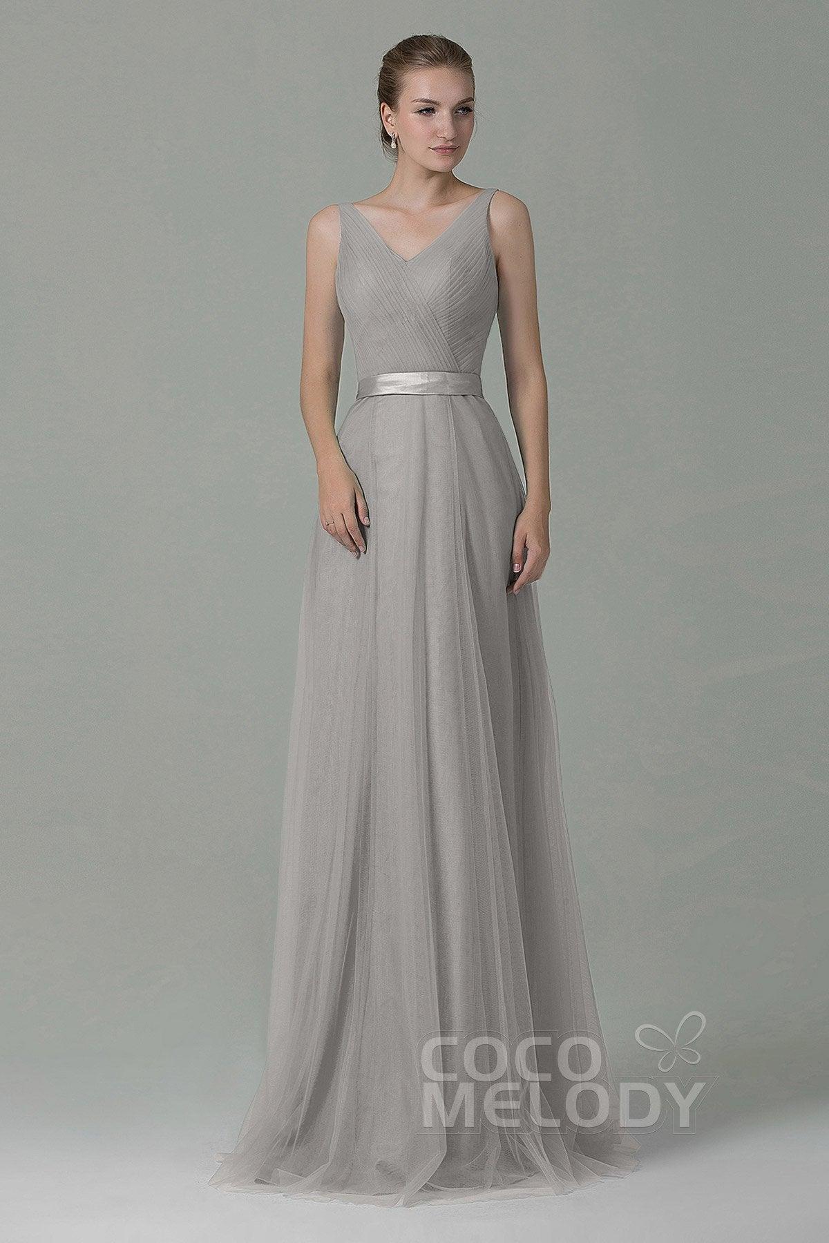 Sheath-Column Floor Length Tulle Bridesmaid Dress COZF1500F - COCOMELODY