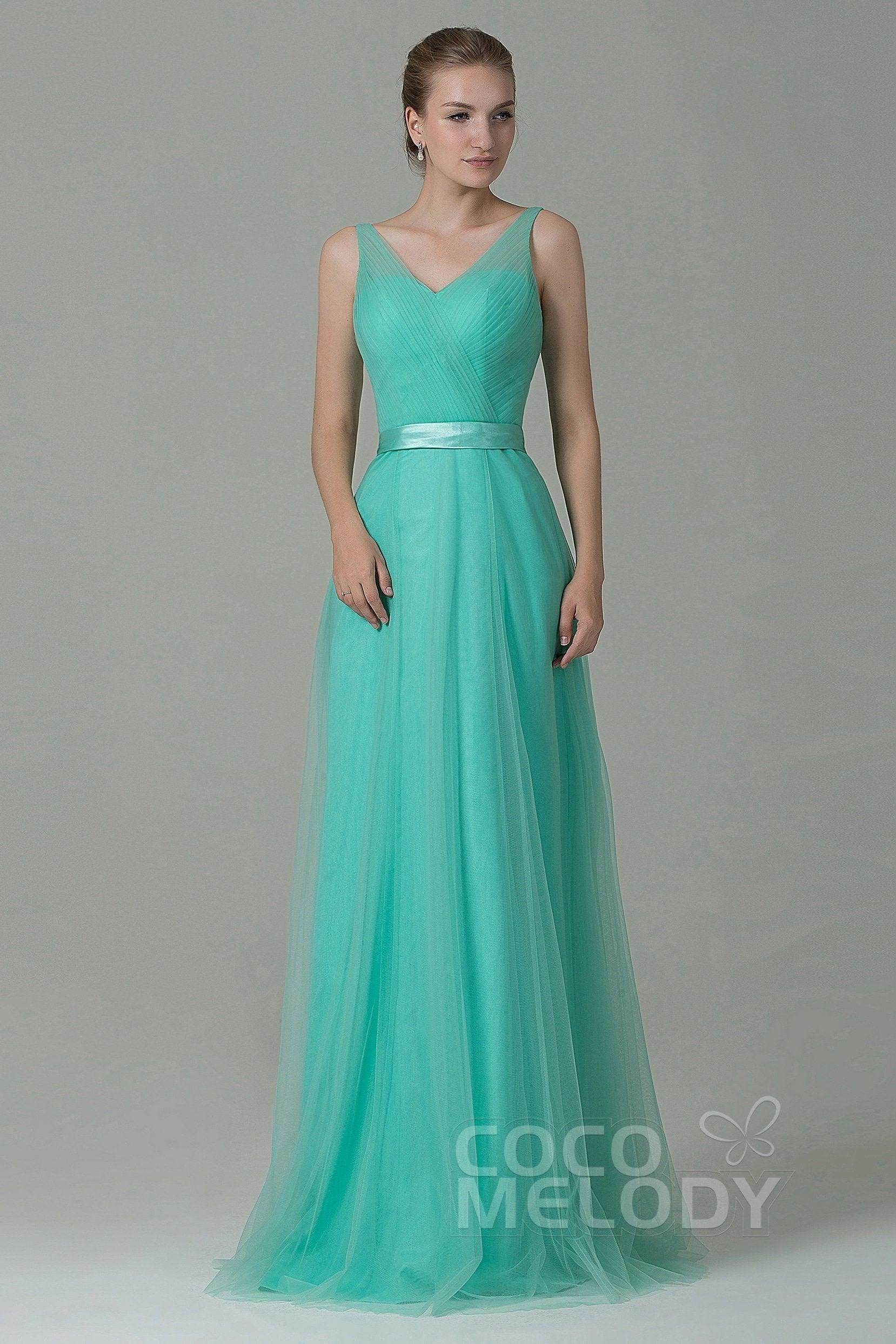 Sheath-Column Floor Length Tulle Bridesmaid Dress COZF1500F - COCOMELODY