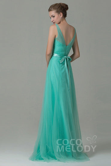 Sheath-Column Floor Length Tulle Bridesmaid Dress COZF1500F - COCOMELODY