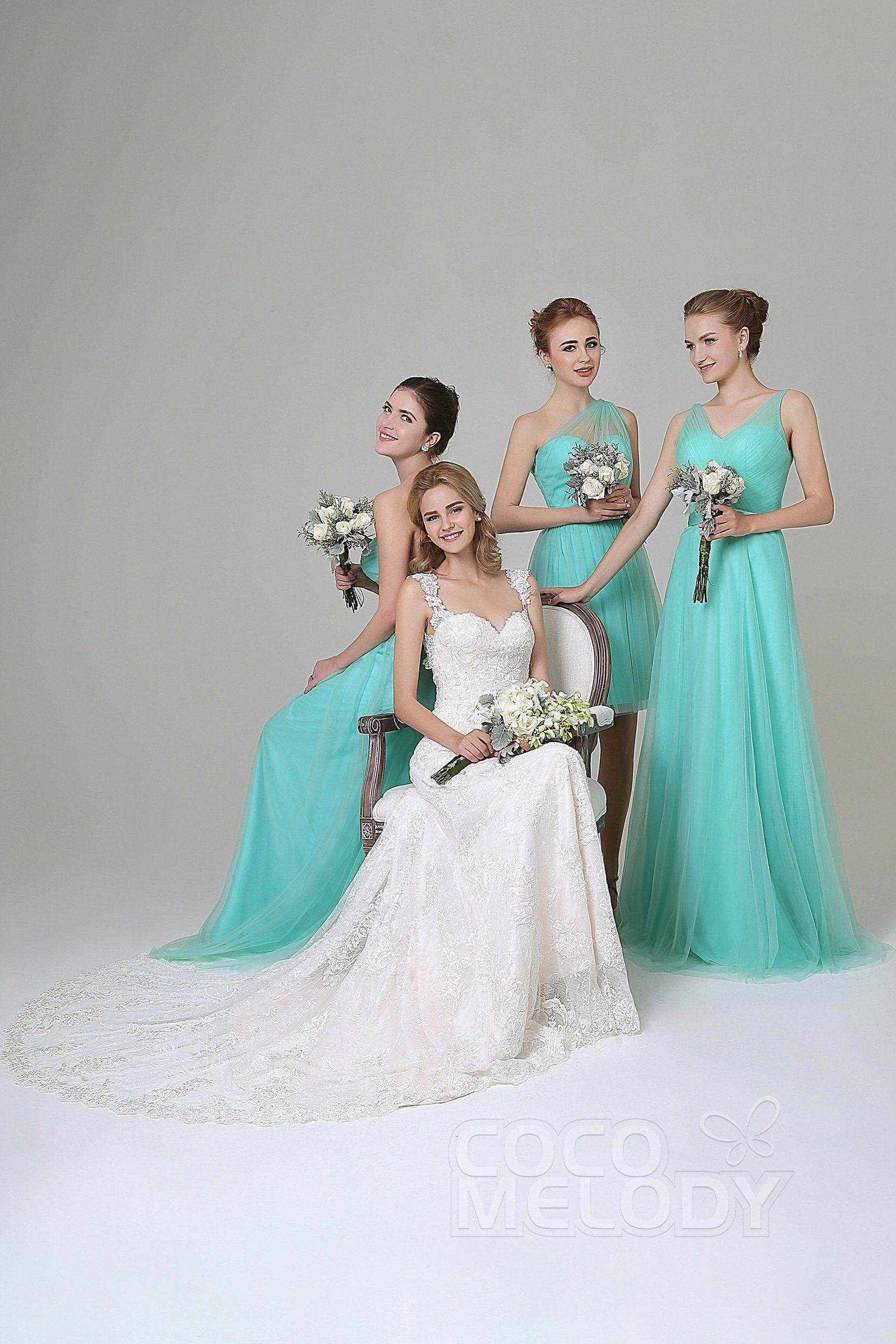 Sheath-Column Floor Length Tulle Bridesmaid Dress COZF1500F - COCOMELODY