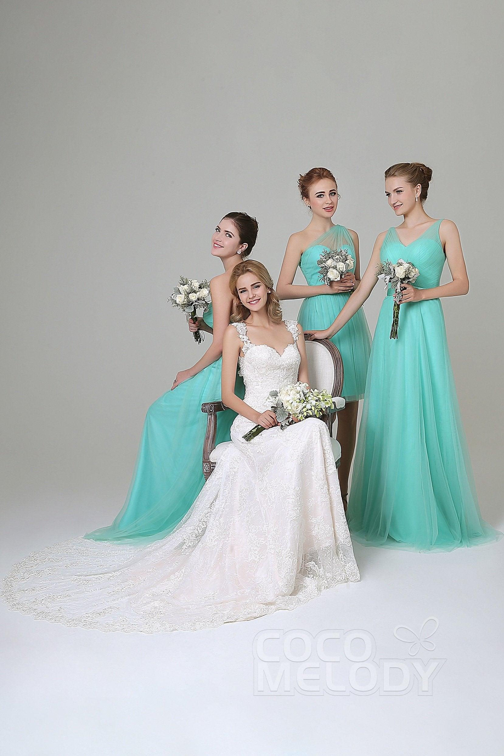 Sheath-Column Floor Length Tulle Bridesmaid Dress COZF1500F - COCOMELODY