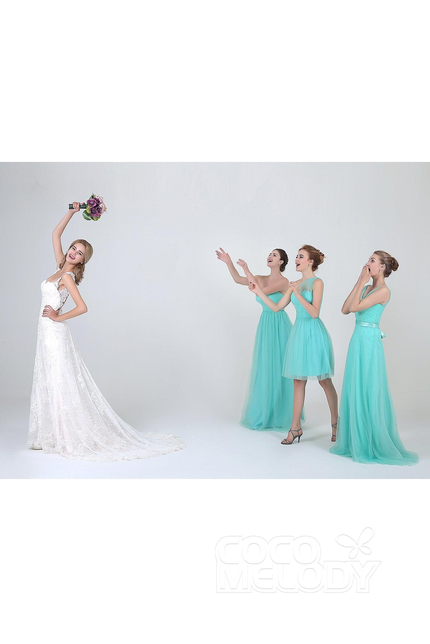 Sheath-Column Floor Length Tulle Bridesmaid Dress COZF1500F - COCOMELODY