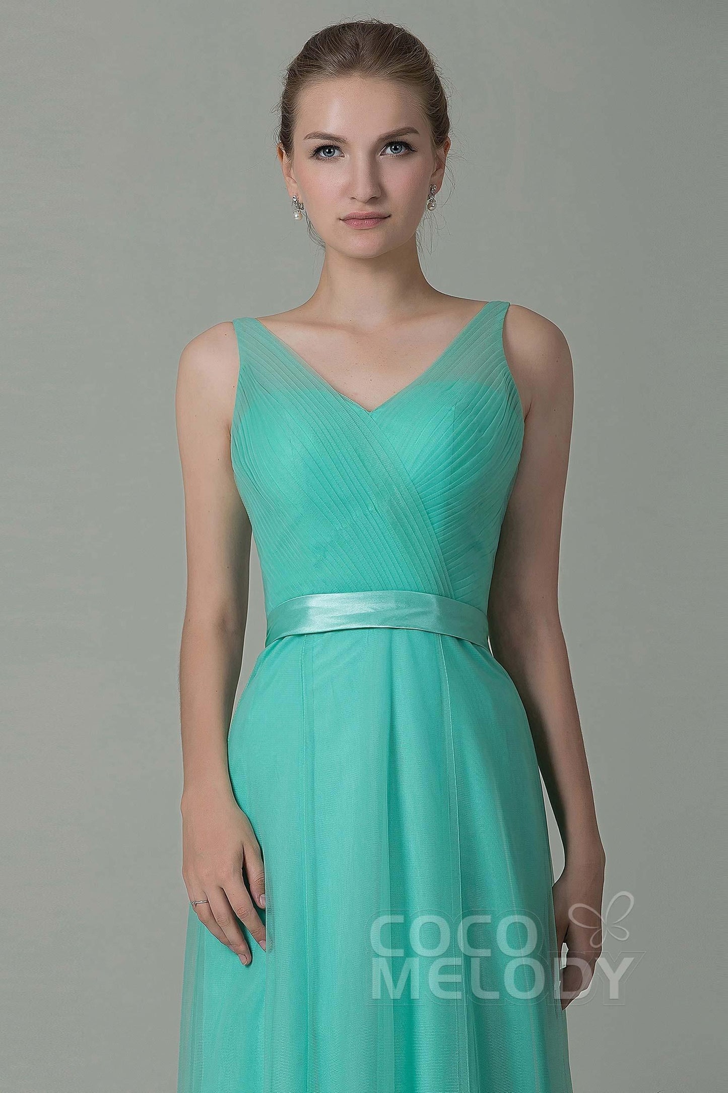 Sheath-Column Floor Length Tulle Bridesmaid Dress COZF1500F - COCOMELODY