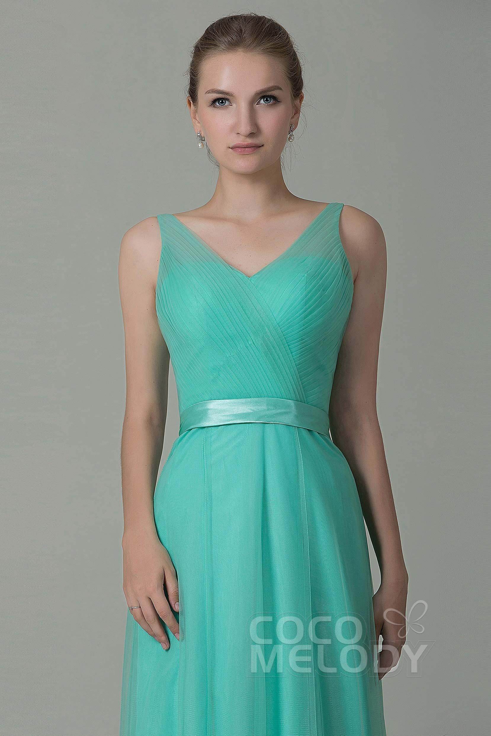 Sheath-Column Floor Length Tulle Bridesmaid Dress COZF1500F - COCOMELODY