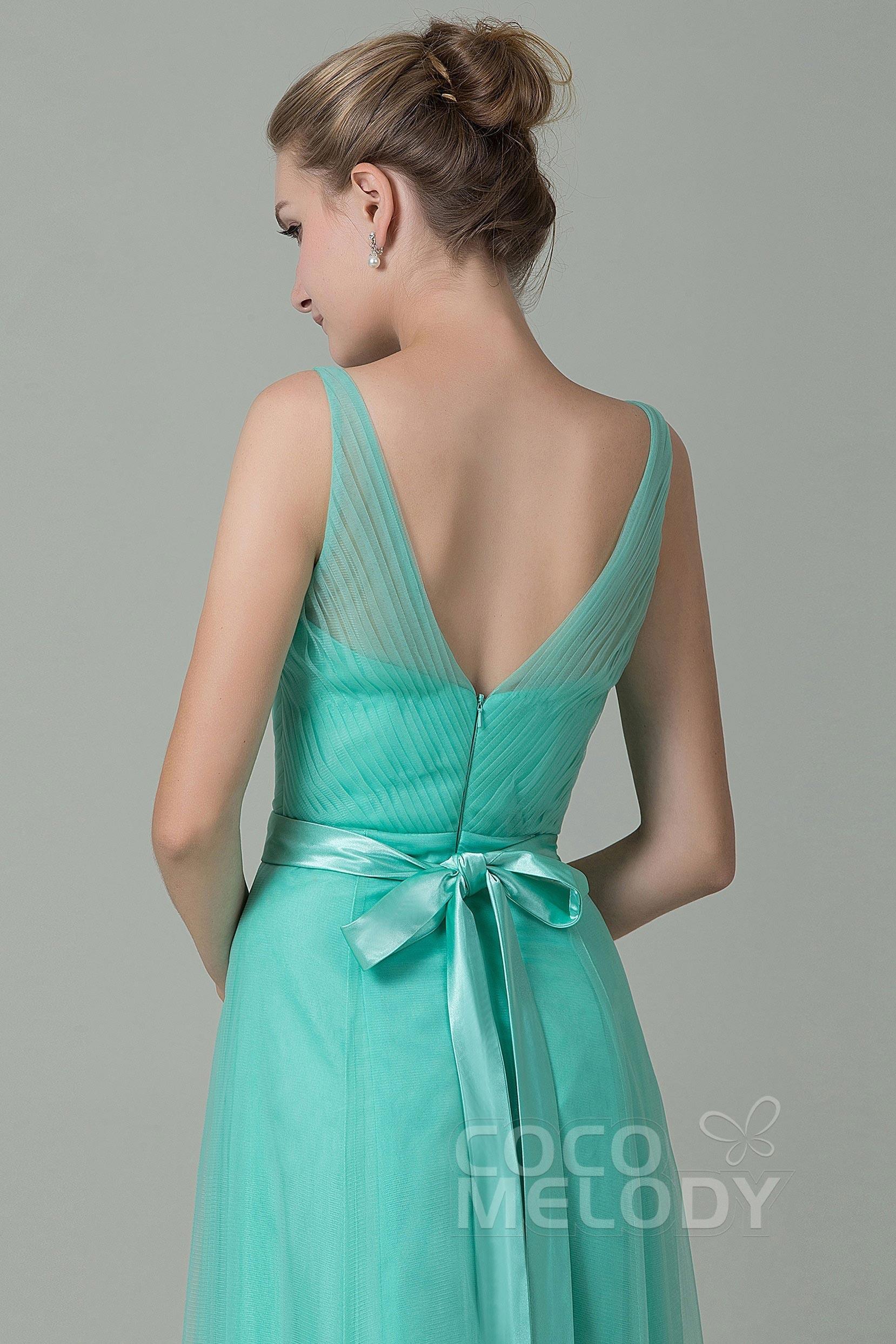 Sheath-Column Floor Length Tulle Bridesmaid Dress COZF1500F - COCOMELODY