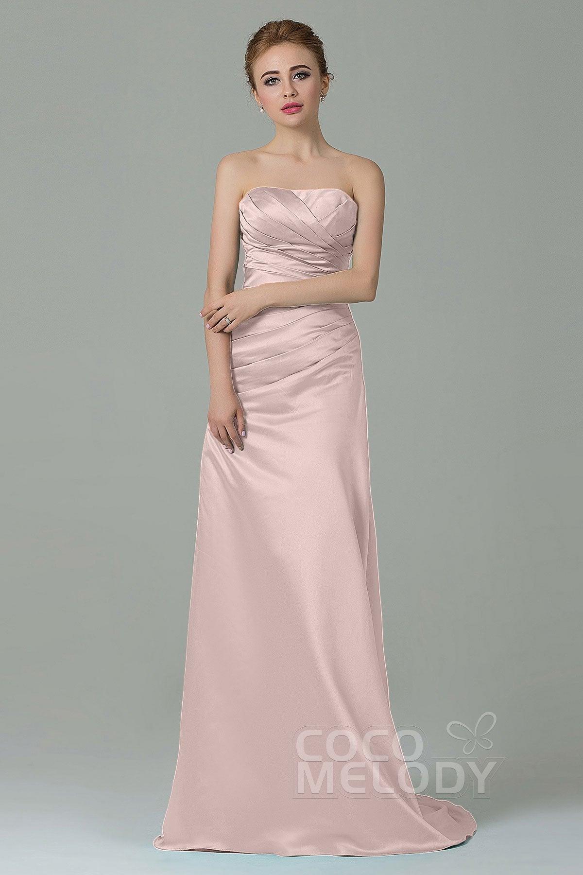 Sheath-Column Sweep Train Satin Bridesmaid Dress COZF15010 - COCOMELODY