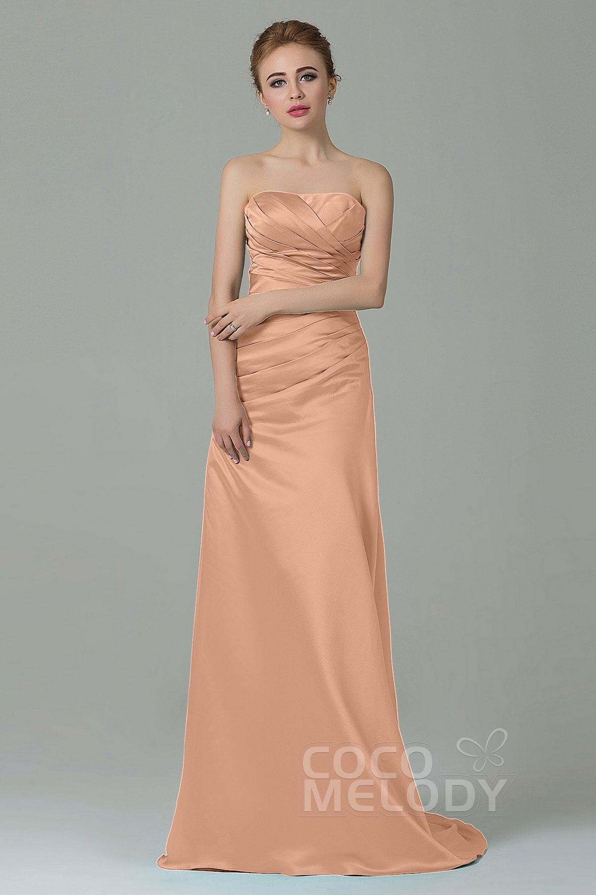 Sheath-Column Sweep Train Satin Bridesmaid Dress COZF15010 - COCOMELODY