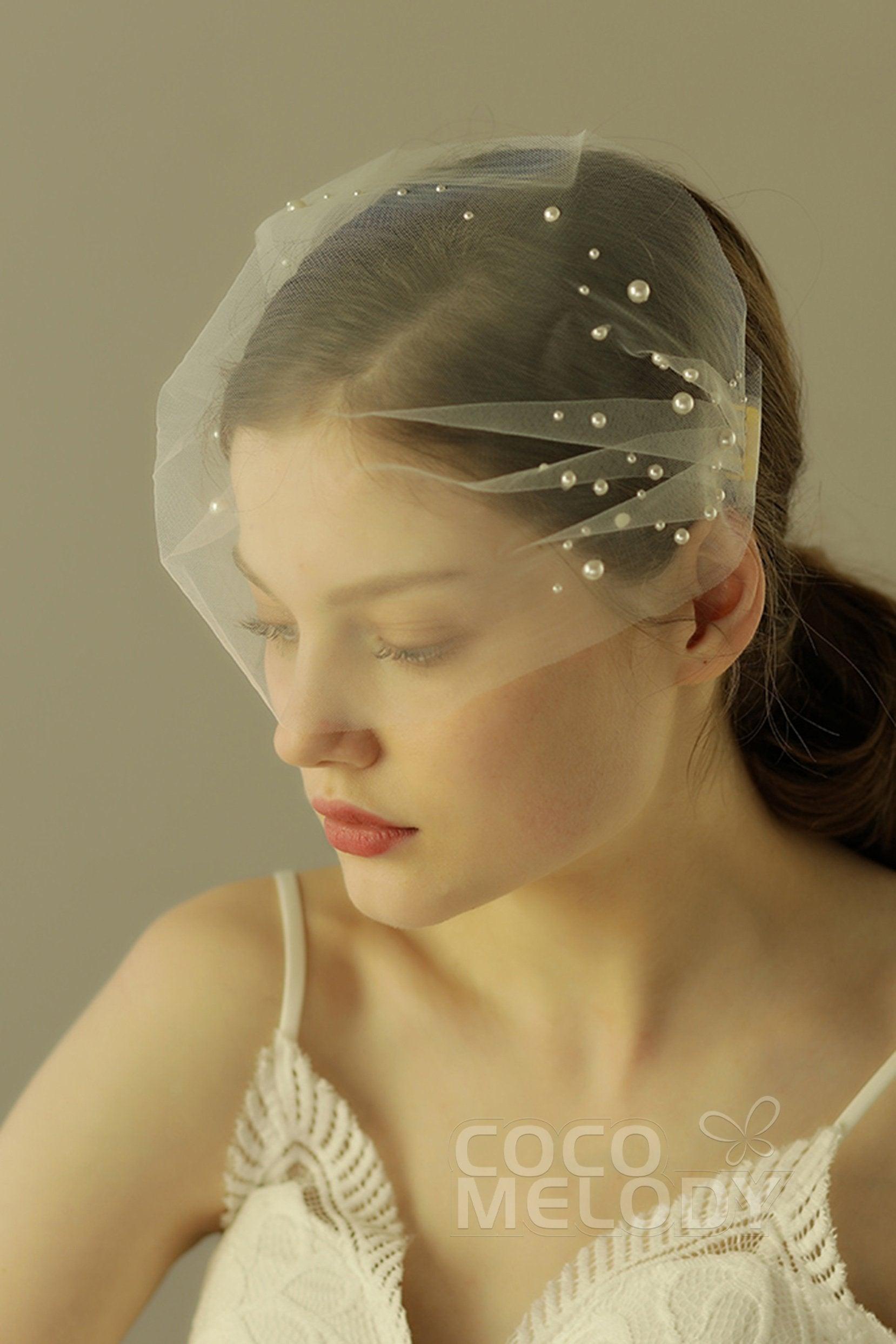 One-tier Cut Edge Tulle Blusher Veils with Beading CV0240 - COCOMELODY