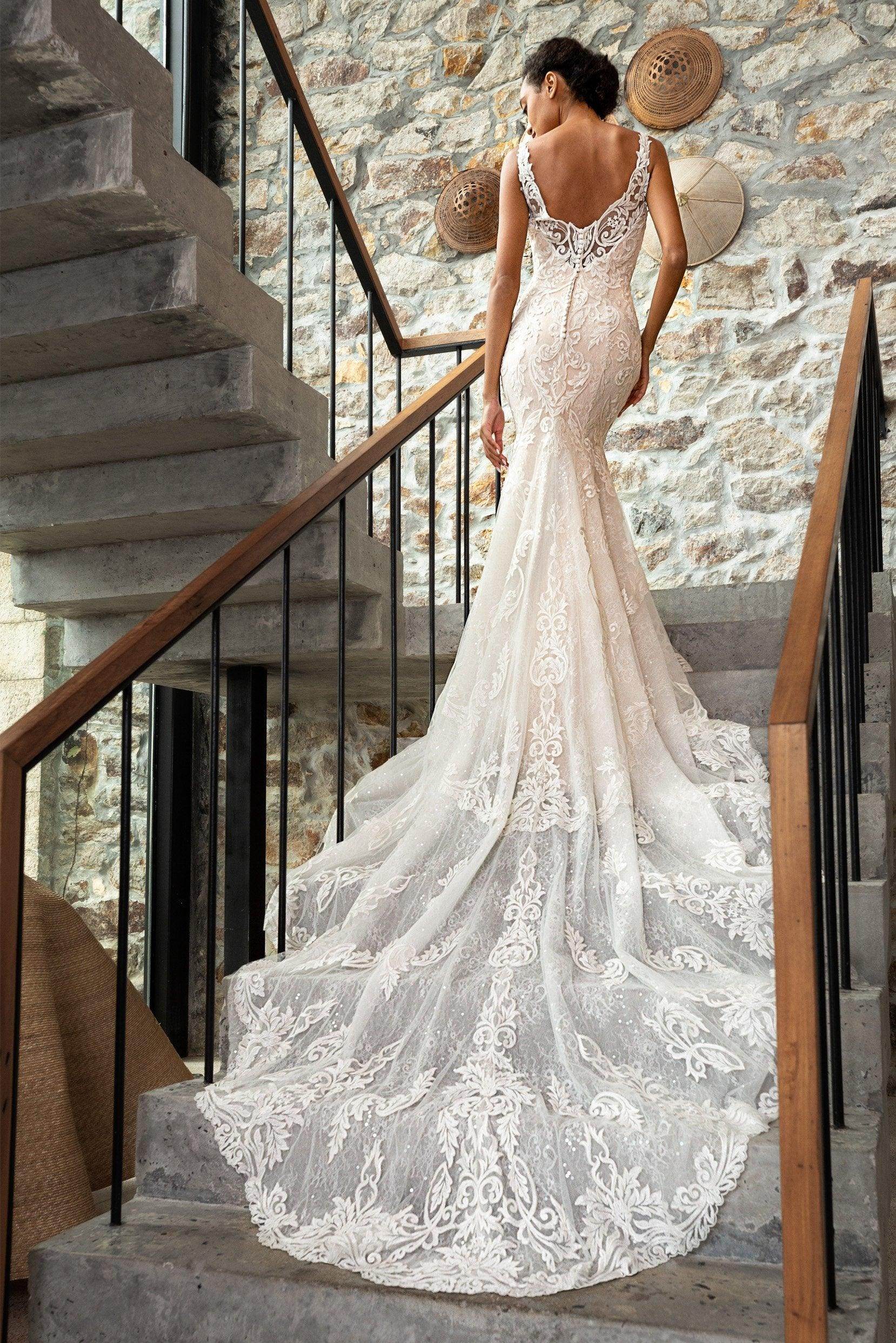 mermaid cathedral train wedding dress White Lace Mermaid Wedding Dress Illusion Off-the-Shoulder Deep V-Neck Long Sheer Sleeves Baroque Vine Lace Cathedral Train