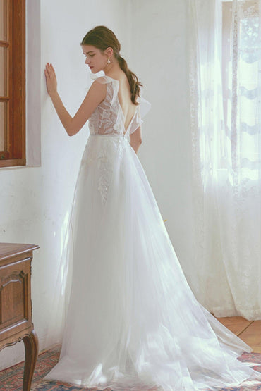 A-Line Floor Length Lace Tulle Wedding Dress CW2665 - COCOMELODY