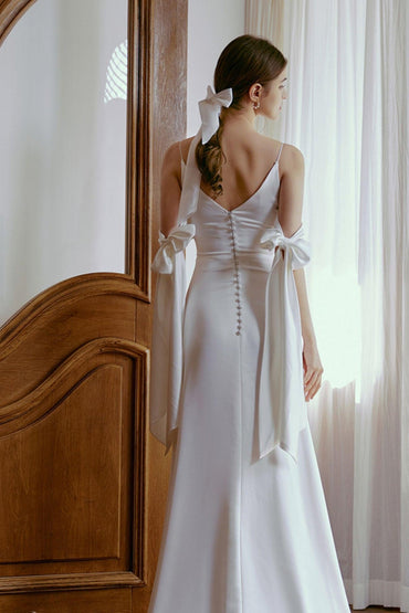 Sheath-Column Sweep-Brush Train Satin Wedding Dress CW2669 - COCOMELODY