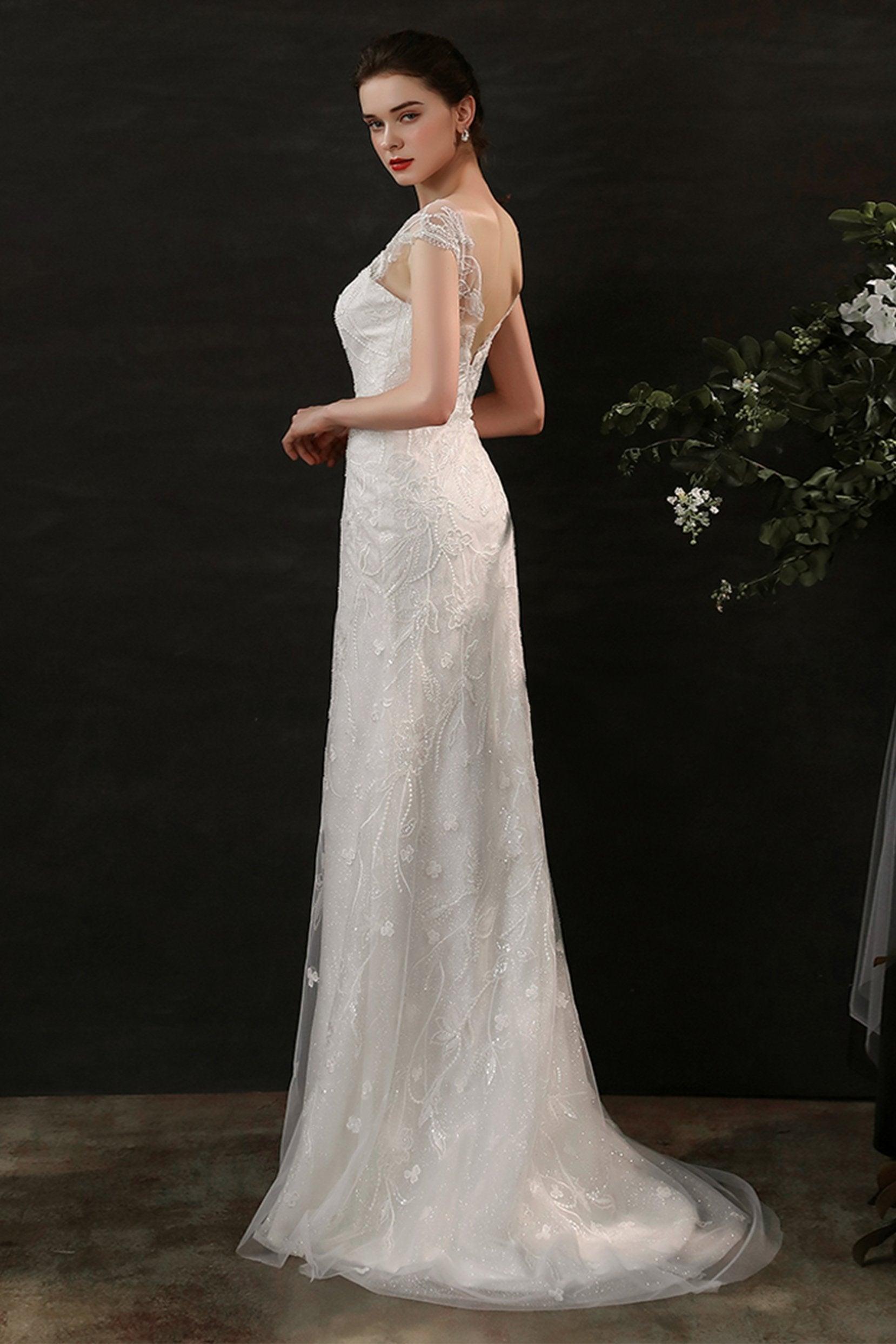 Sheath Sweep-Brush Train Lace Tulle Wedding Dress CW2700 - COCOMELODY
