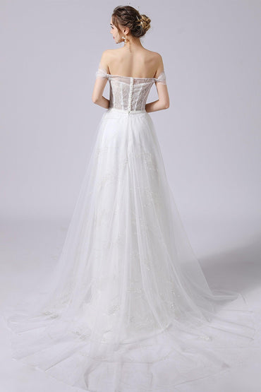 A-Line Sweep-Brush Train Lace Tulle Wedding Dress CW2716 - COCOMELODY