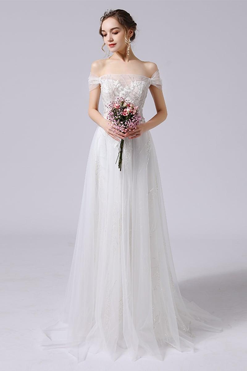 A-Line Sweep-Brush Train Lace Tulle Wedding Dress CW2716 - COCOMELODY