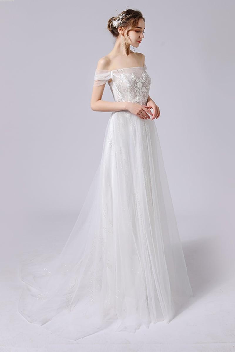 A-Line Sweep-Brush Train Lace Tulle Wedding Dress CW2716 - COCOMELODY