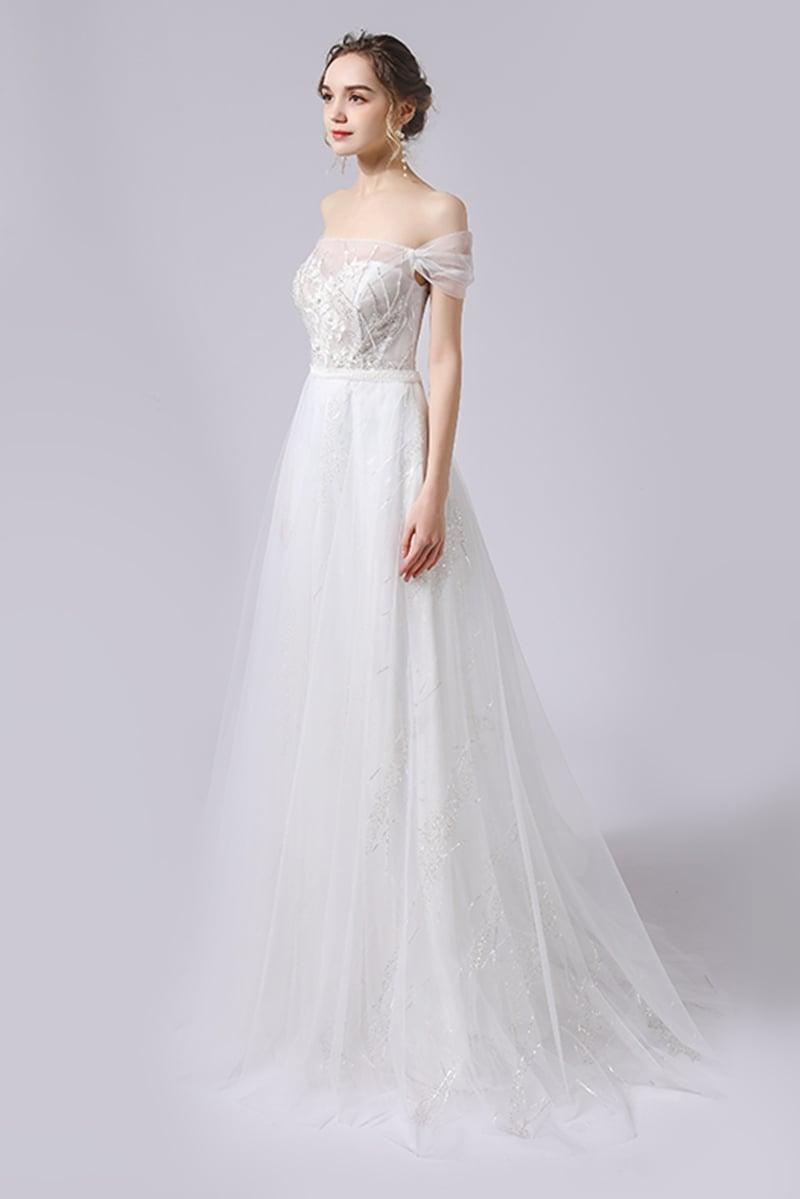 A-Line Sweep-Brush Train Lace Tulle Wedding Dress CW2716 - COCOMELODY