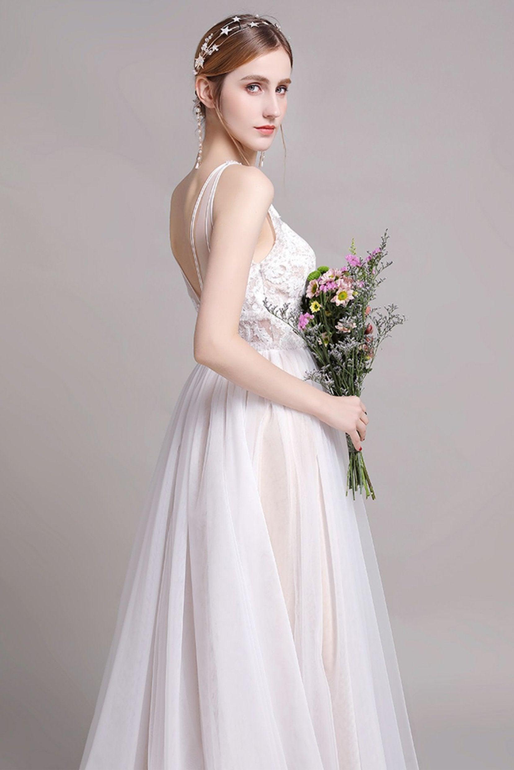 A-Line Sweep-Brush Train Lace Wedding Dress CW2765 - COCOMELODY