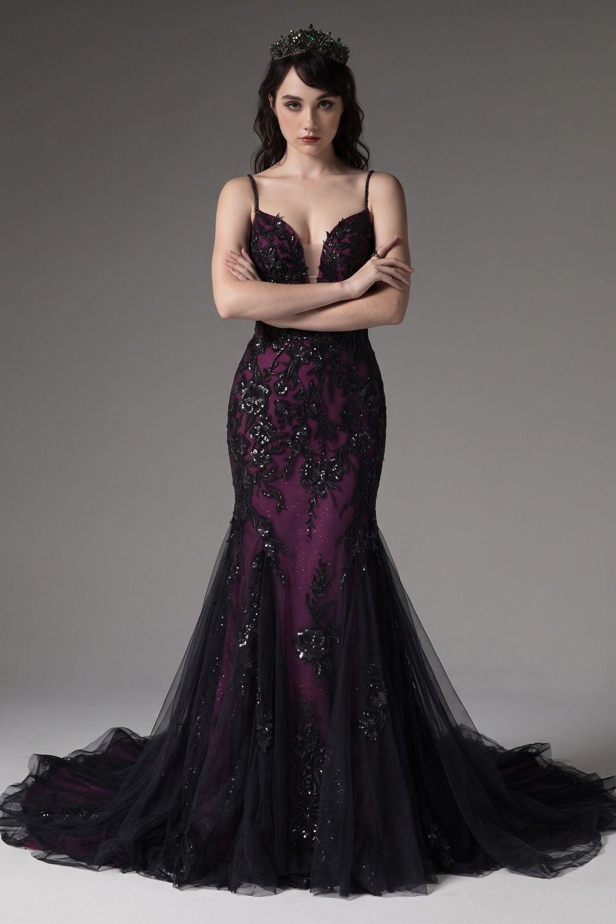 Black Gothic Mermaid Wedding Dress V Neck Lace Tulle Beaded