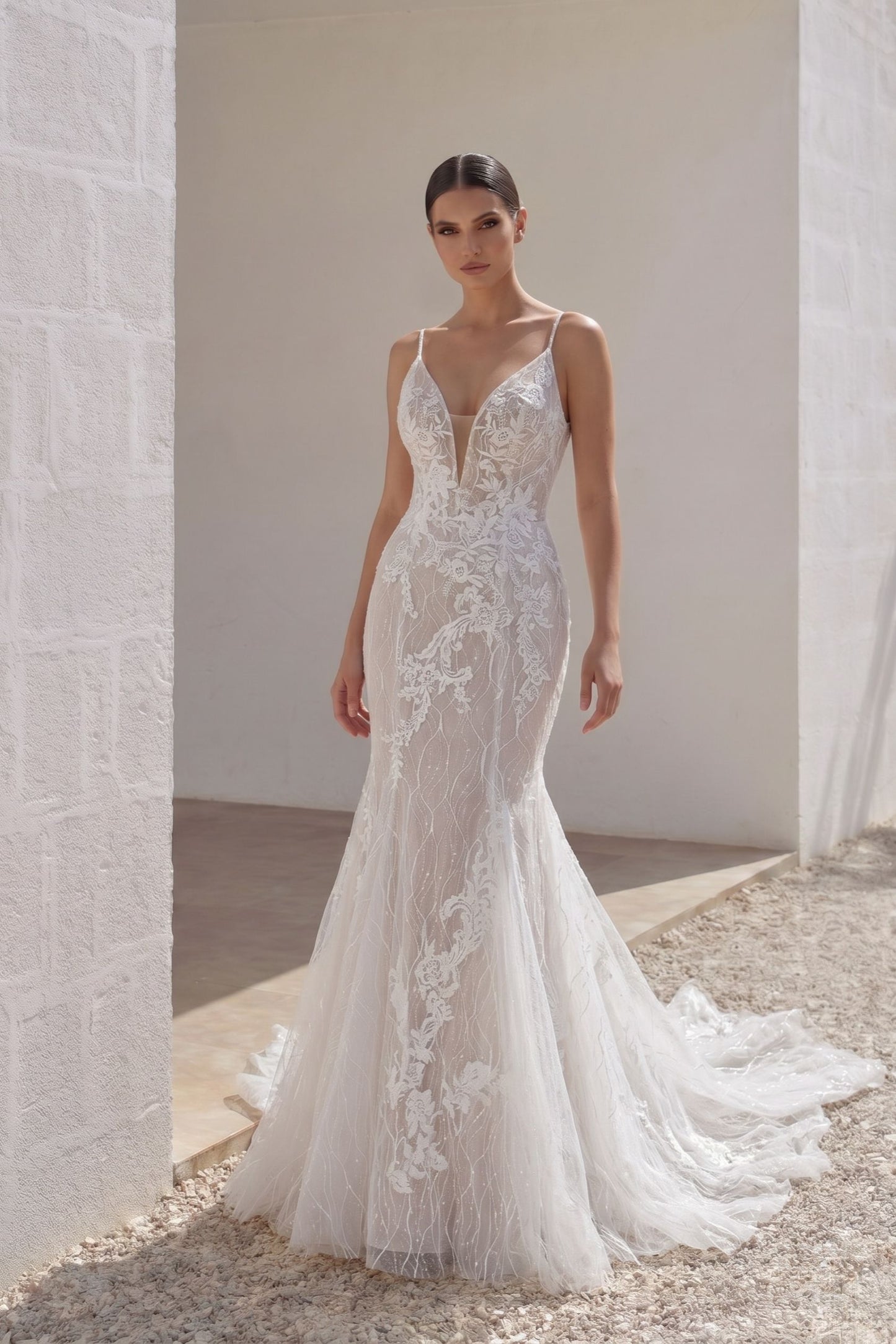 Trumpet-Mermaid Chapel Train Lace Tulle Wedding Dress CW3206
