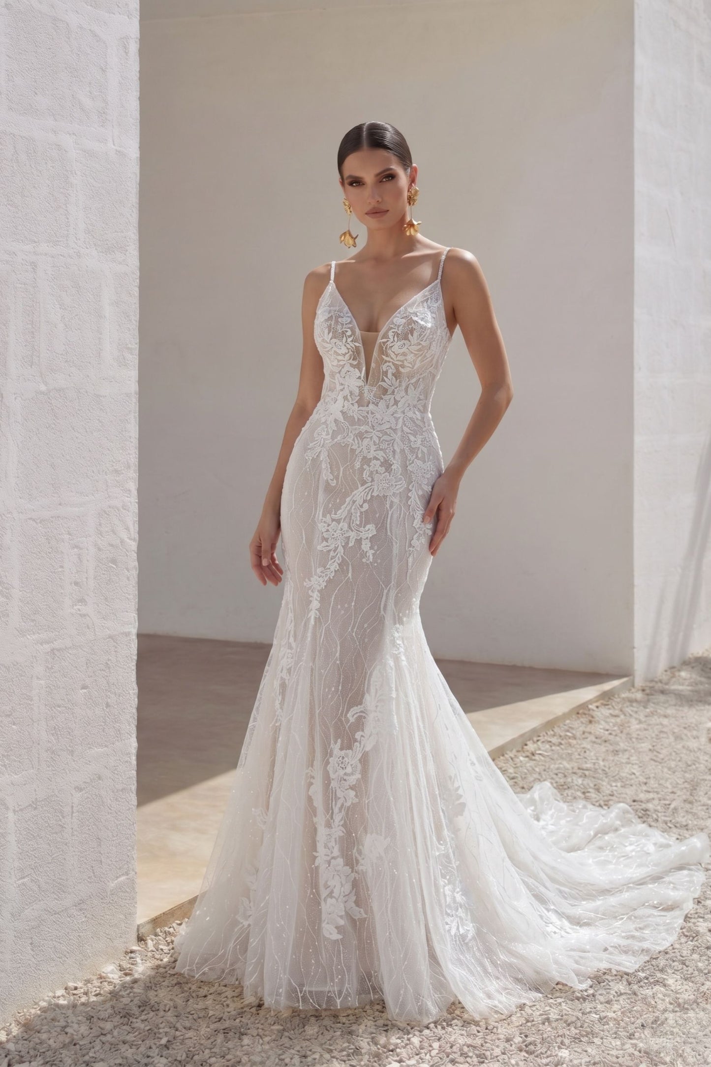 Trumpet-Mermaid Chapel Train Lace Tulle Wedding Dress CW3206