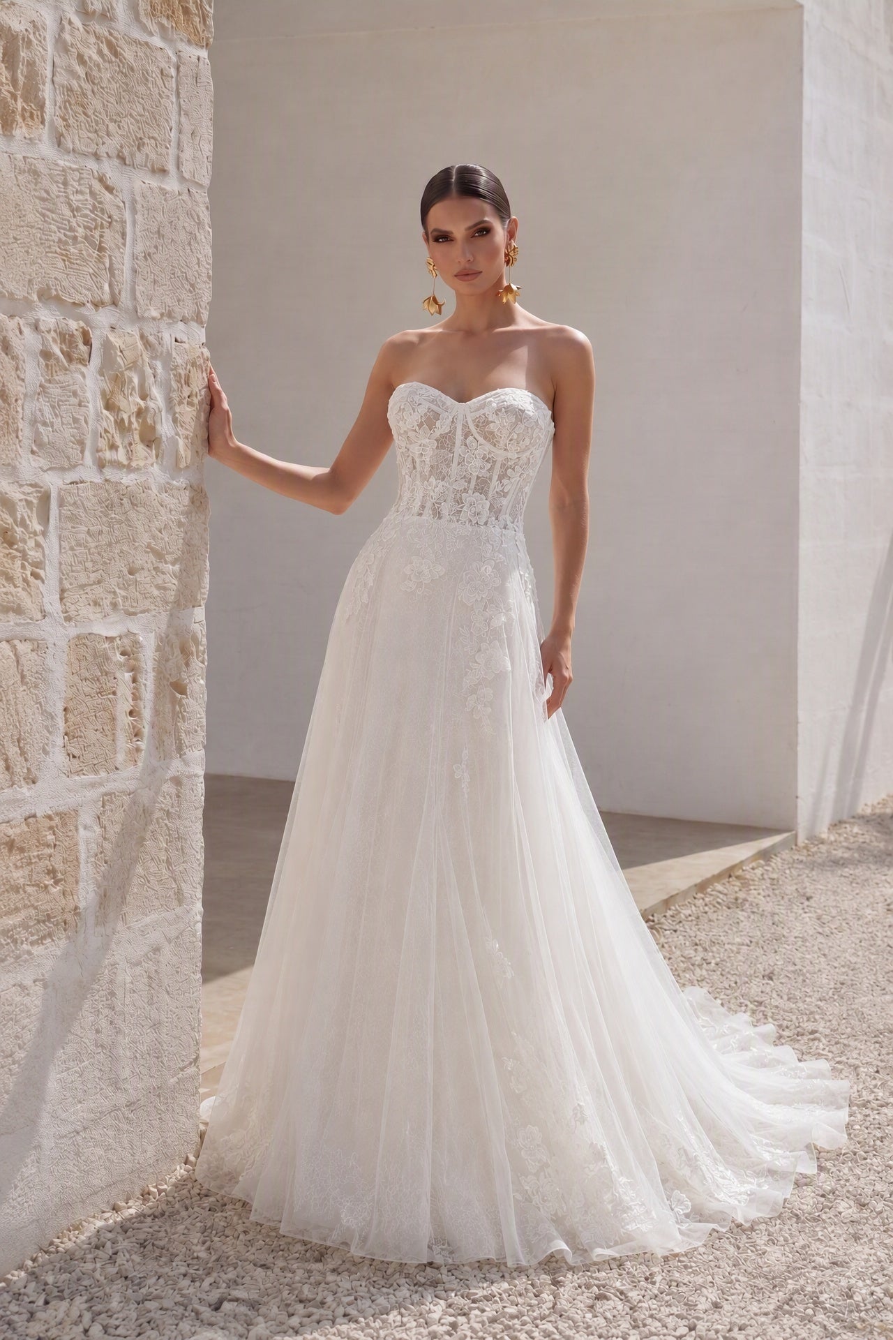 A-Line Court Train Lace Tulle Wedding Dress CW3239