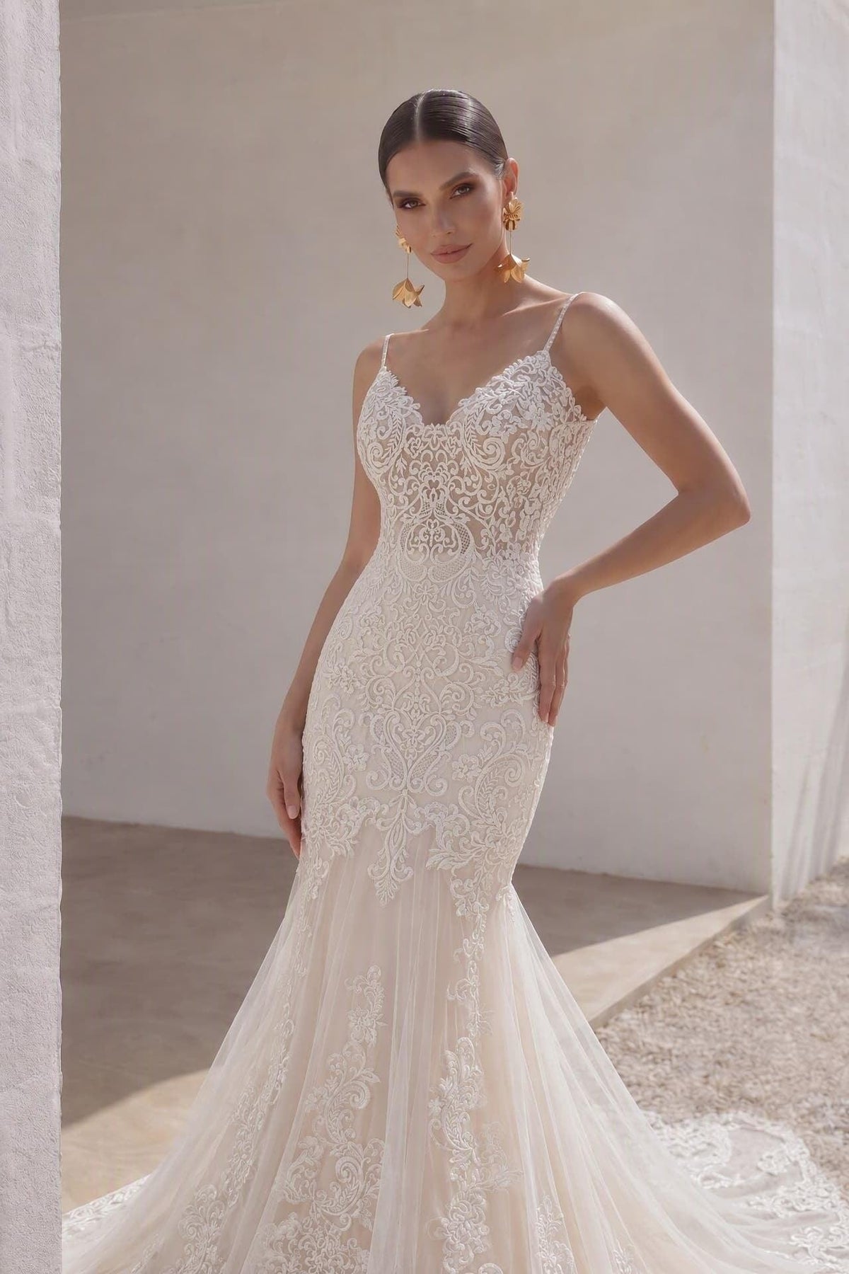 Trumpet-Mermaid Chapel Train Lace Tulle Wedding Dress CW3251 - 45 Days / As Picture:Ivory/Sand / US0-UK2-EUR30 - COCOMELODY