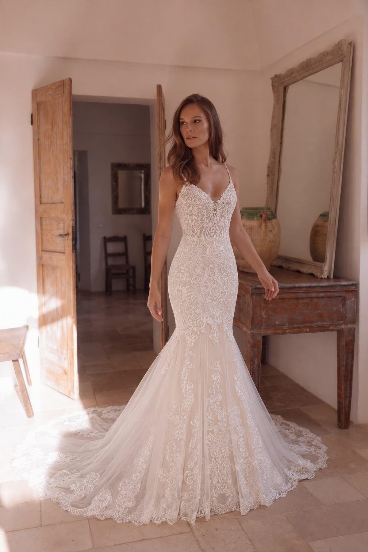 Trumpet-Mermaid Chapel Train Lace Tulle Wedding Dress CW3251 - 45 Days / As Picture:Ivory/Sand / US0-UK2-EUR30 - COCOMELODY
