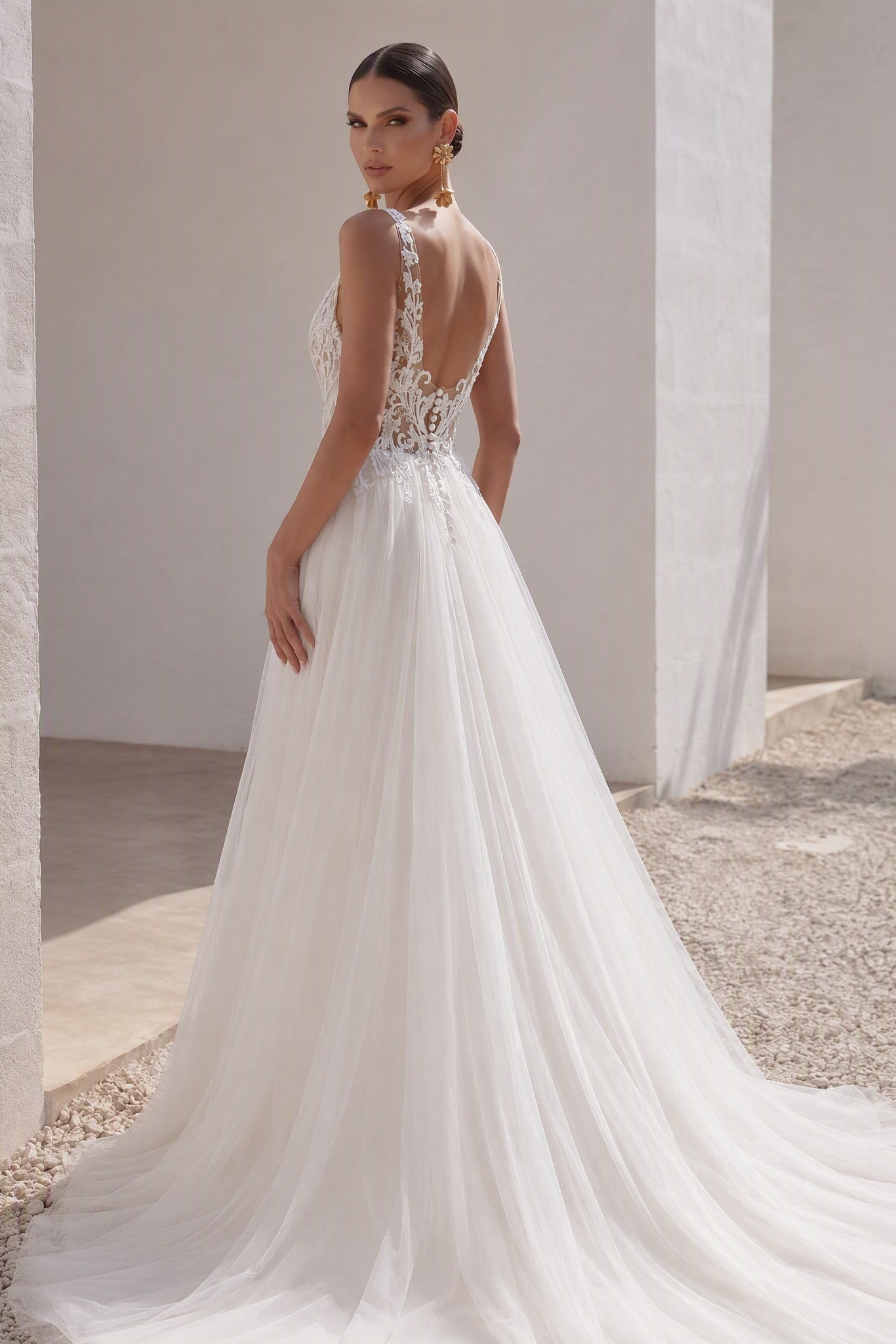 A-Line Court Train Lace Tulle Wedding Dress CW3262