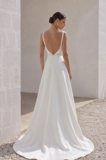 A-Line Sweep-Brush Train Stretch Satin Wedding Dress CW3292