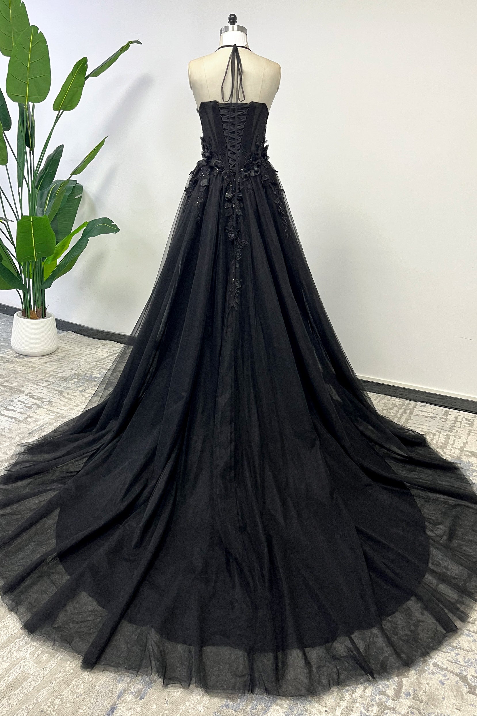 Black Wedding Dress A-Line Halter Bridal Gown with Chapel Train