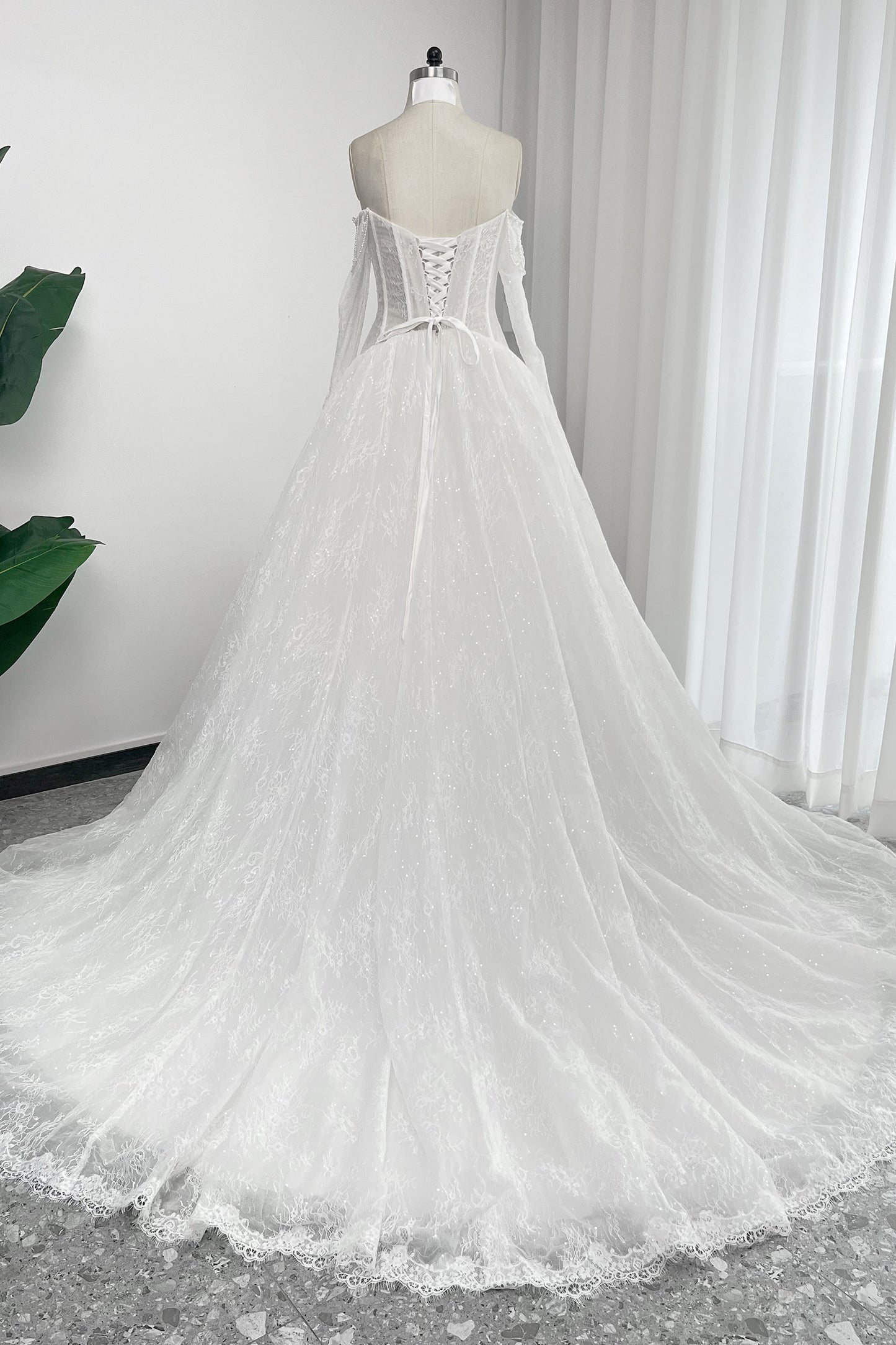 A-Line Chapel Train Sequined Lace Tulle Wedding Dress CW3351