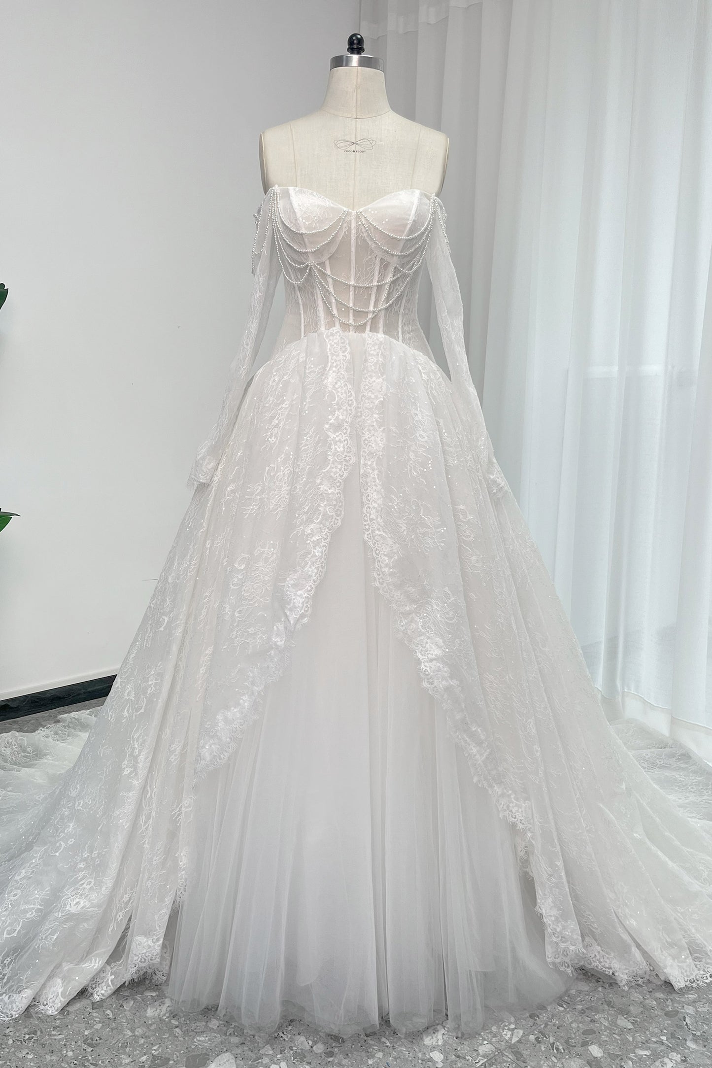 A-Line Chapel Train Sequined Lace Tulle Wedding Dress CW3351