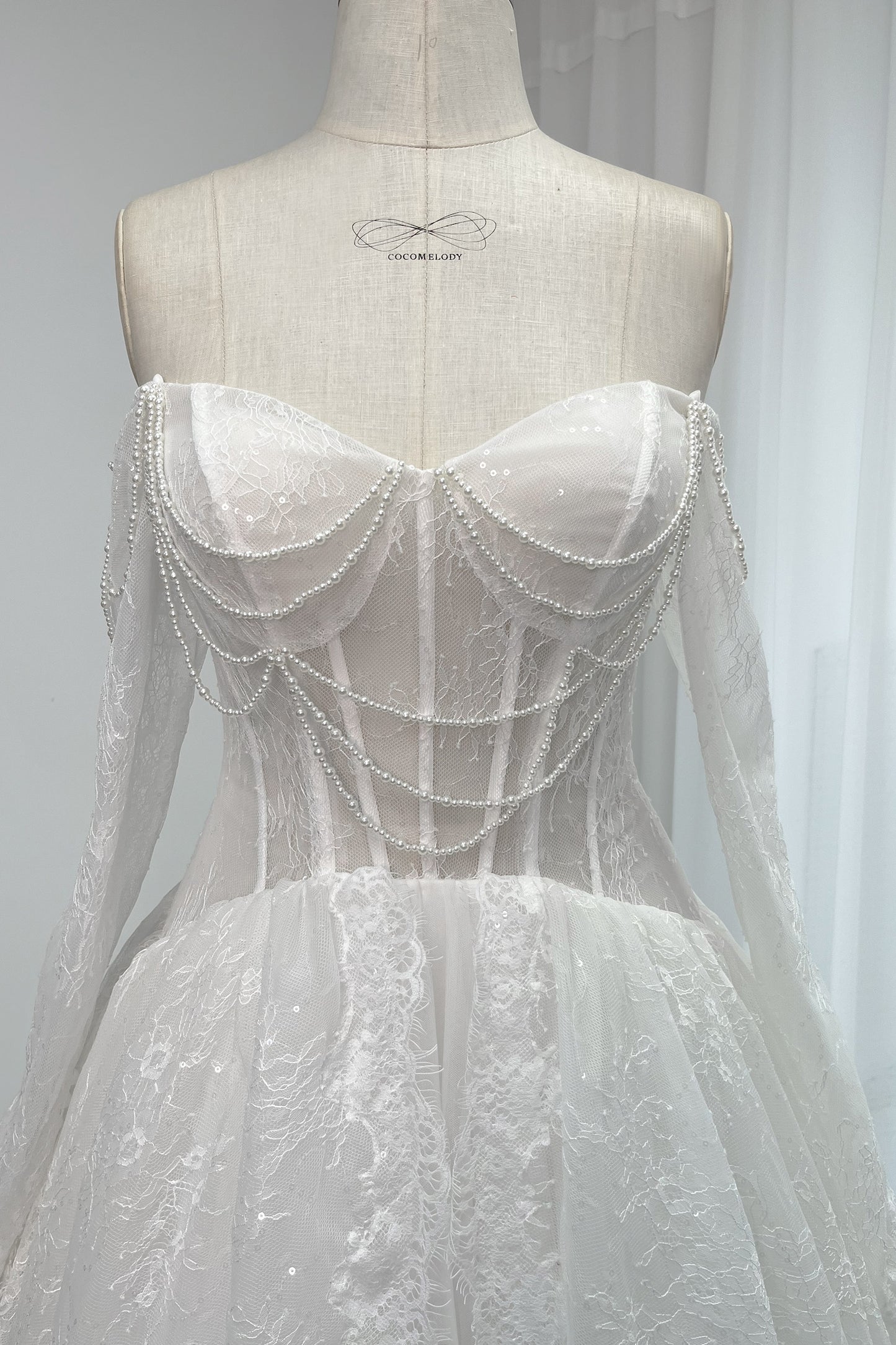 A-Line Chapel Train Sequined Lace Tulle Wedding Dress CW3351