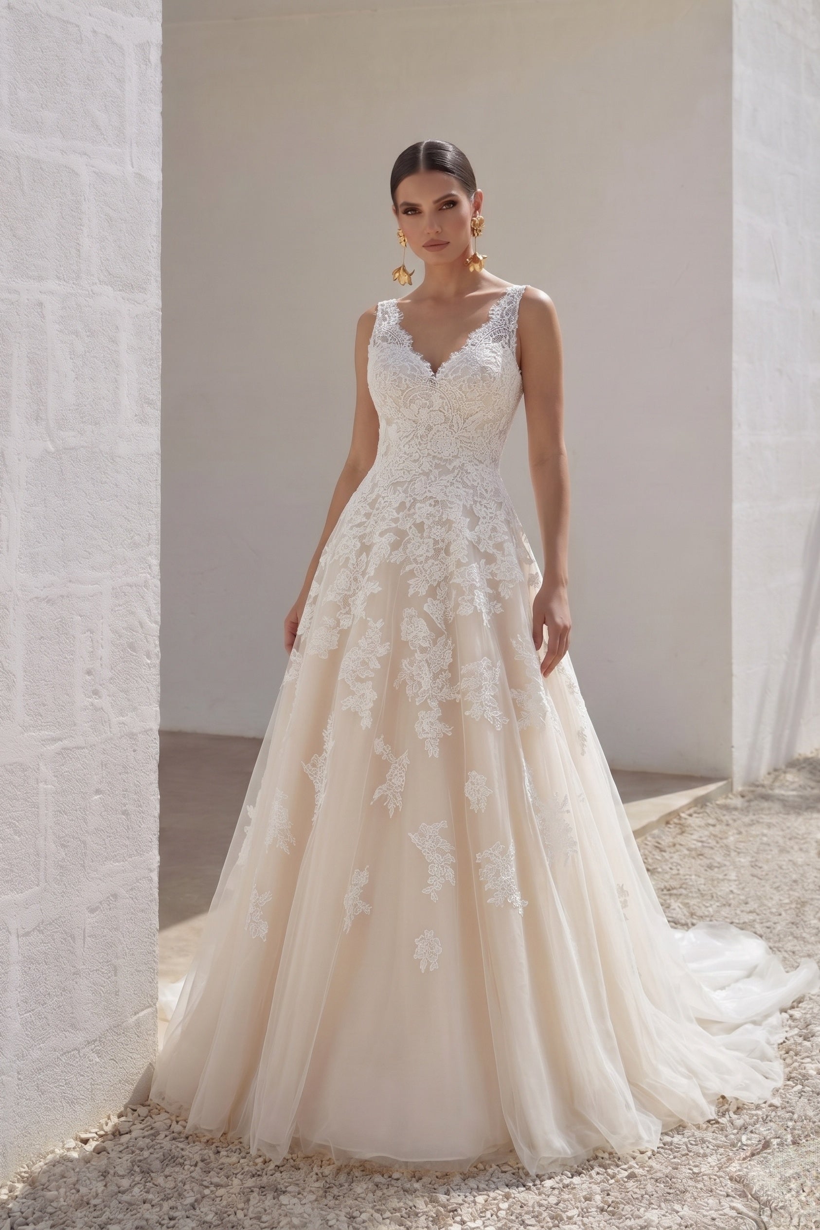 A-Line Court Train Wedding Dress Tulle Lace Bridal Gown Open Back COCOMELODY CWAT16004, 35 Days / Ivory / US14-UK16-EUR44