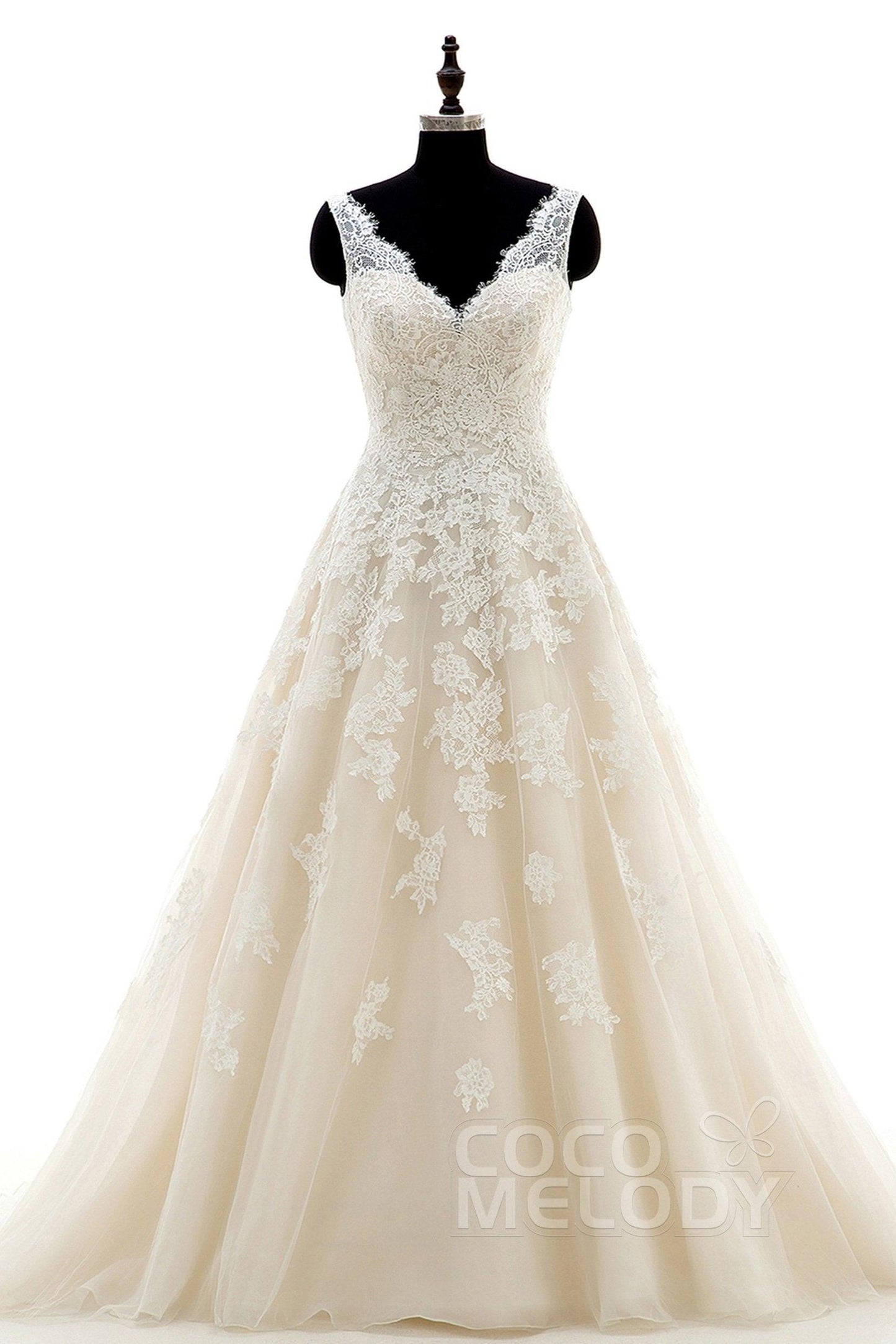 A-Line Court Train Tulle and Lace Wedding Dress CWAT16004 - COCOMELODY