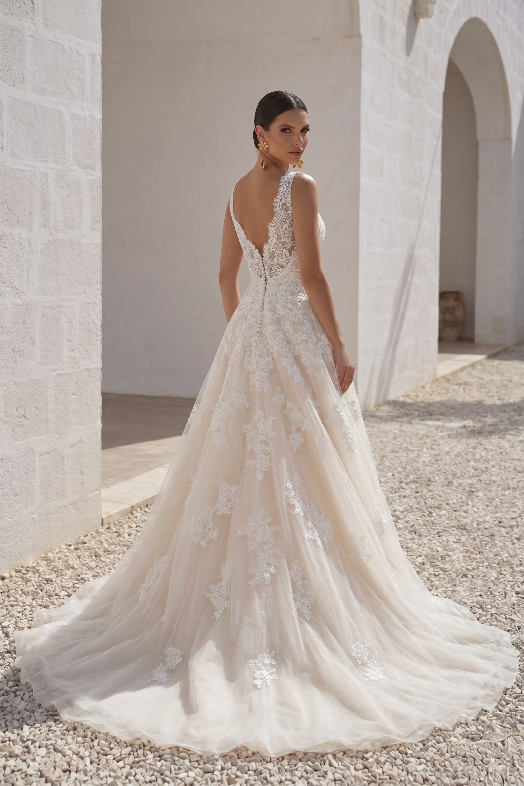 A-Line Court Train Wedding Dress Tulle Lace Bridal Gown Open Back COCOMELODY CWAT16004, 35 Days / Ivory / US14-UK16-EUR44